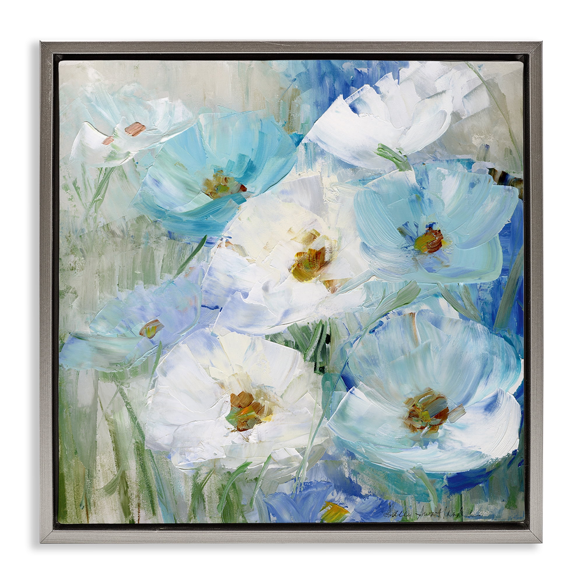Stupell Industries Blue Spring Poppies Plants & Flowers Painting Gray Floater Framed Canvas Art Print Wall Art, 18 x 18