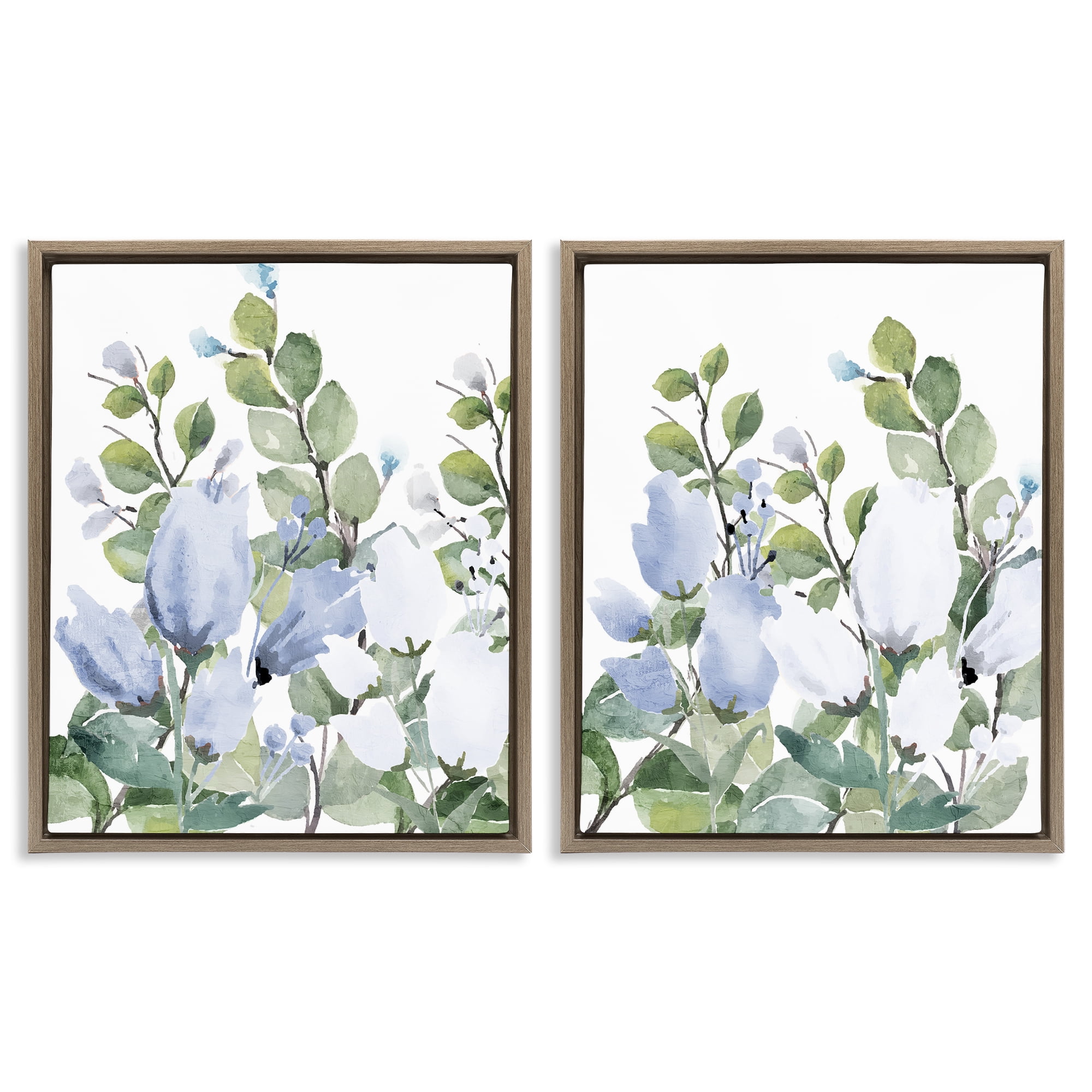 Stupell Industries Blue Spring Watercolors 2 Piece Brown Framed Floater Canvas Set, design by Kim Allen