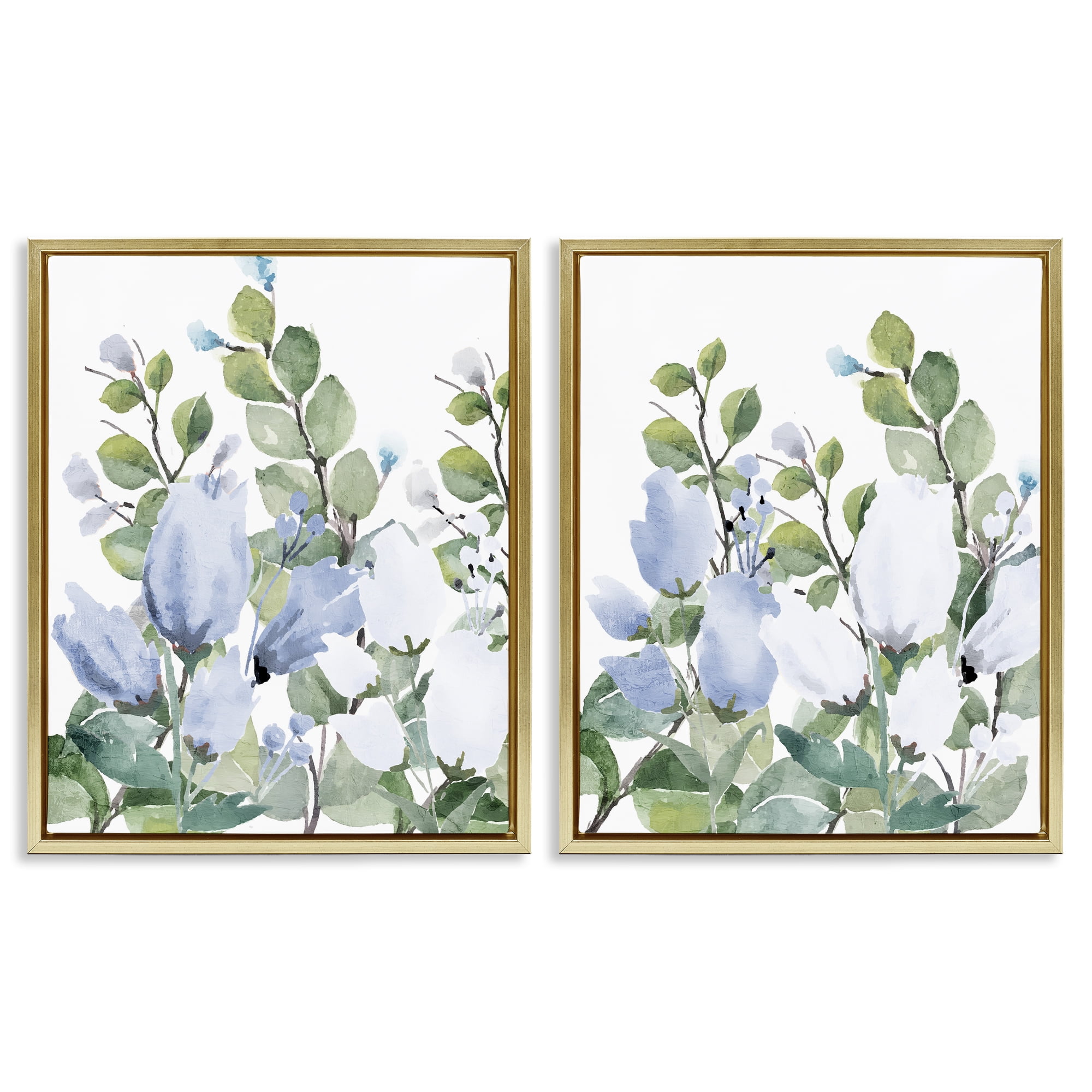 Stupell Industries Blue Spring Watercolors 2 Piece Gold Framed Floater Canvas Set, design by Kim Allen
