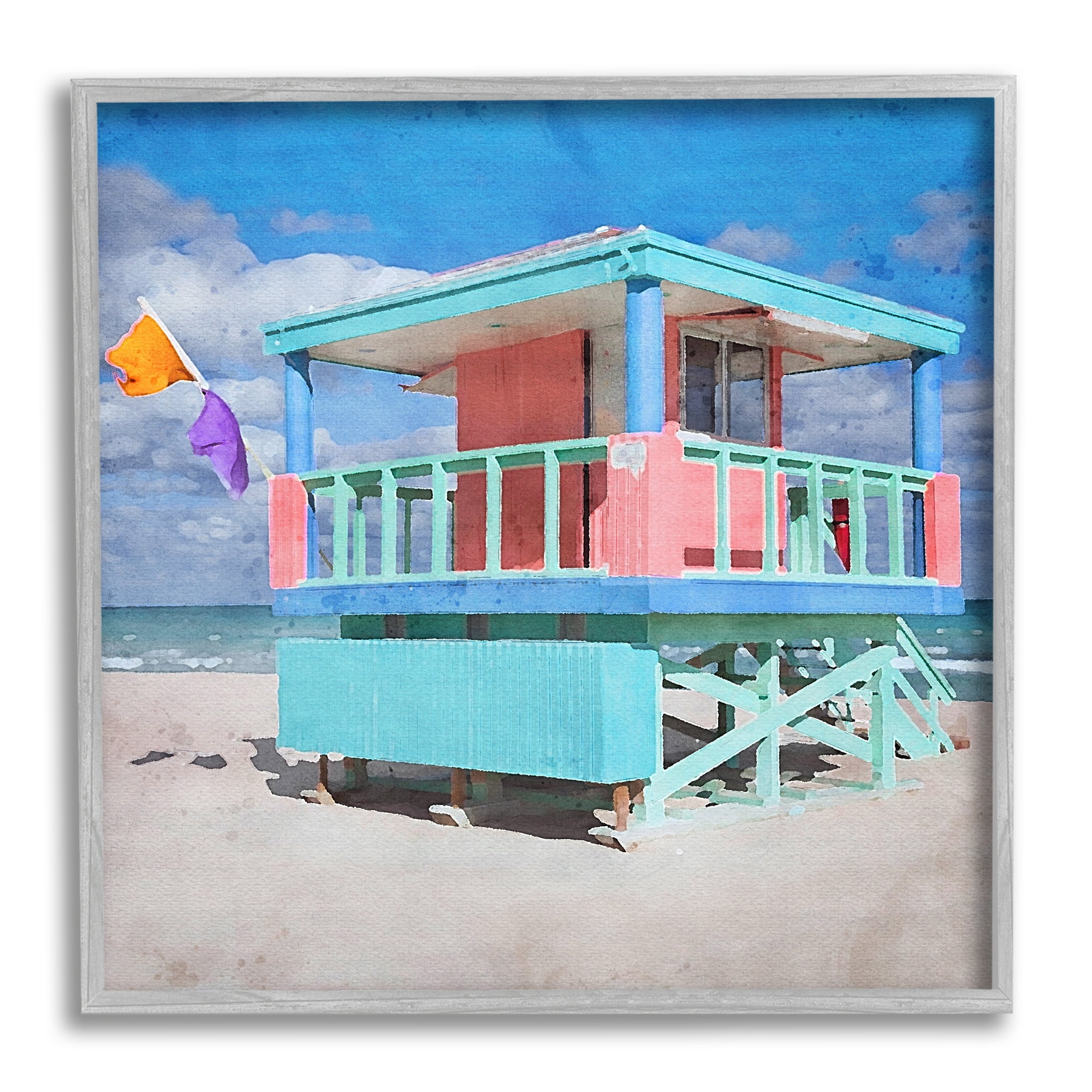 Stupell Industries Blue Summer Beach Hut Nature Painting Gray Framed Art Print Wall Art, 17 x 17