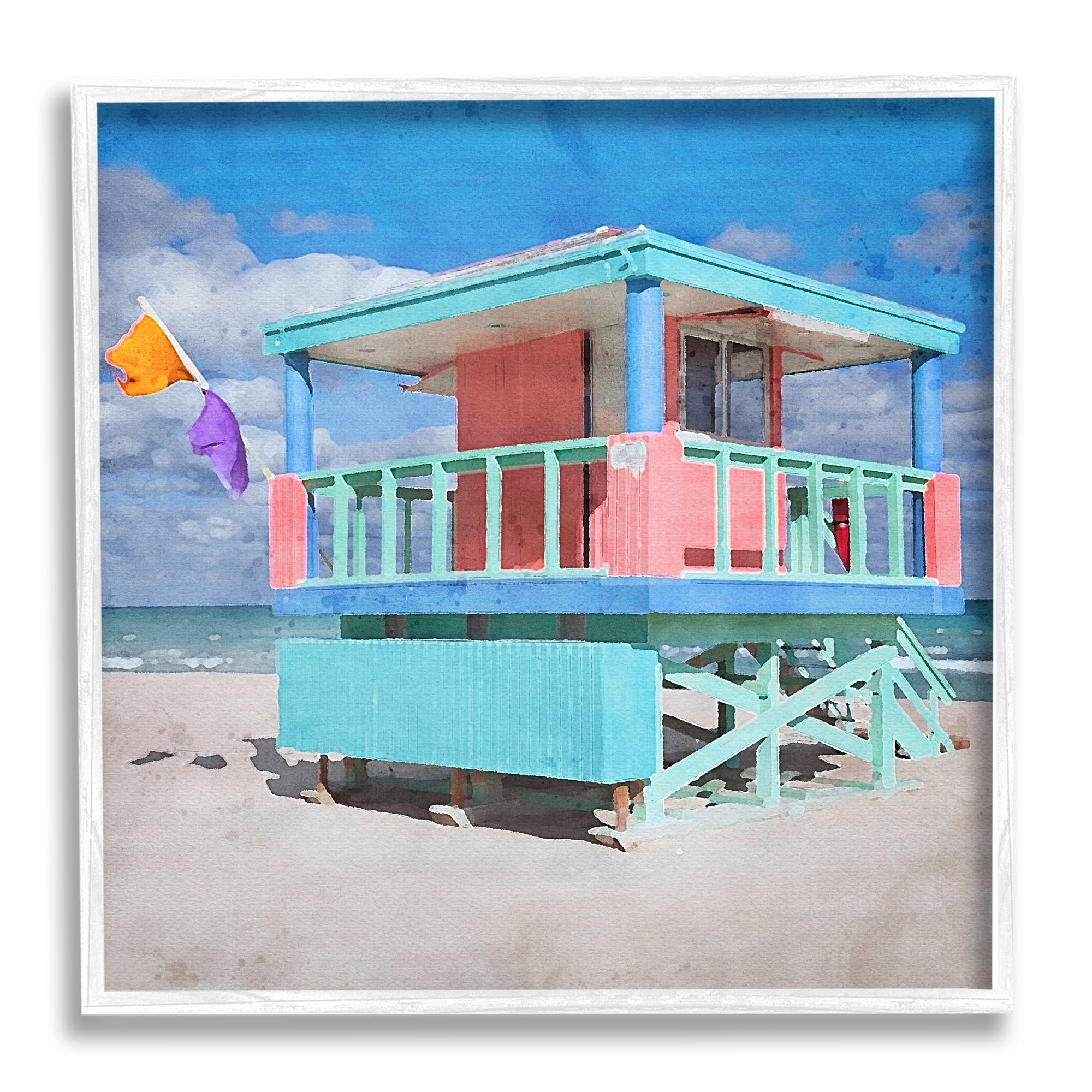 Stupell Industries Blue Summer Beach Hut Nature Painting White Framed Art Print Wall Art, 17 x 17