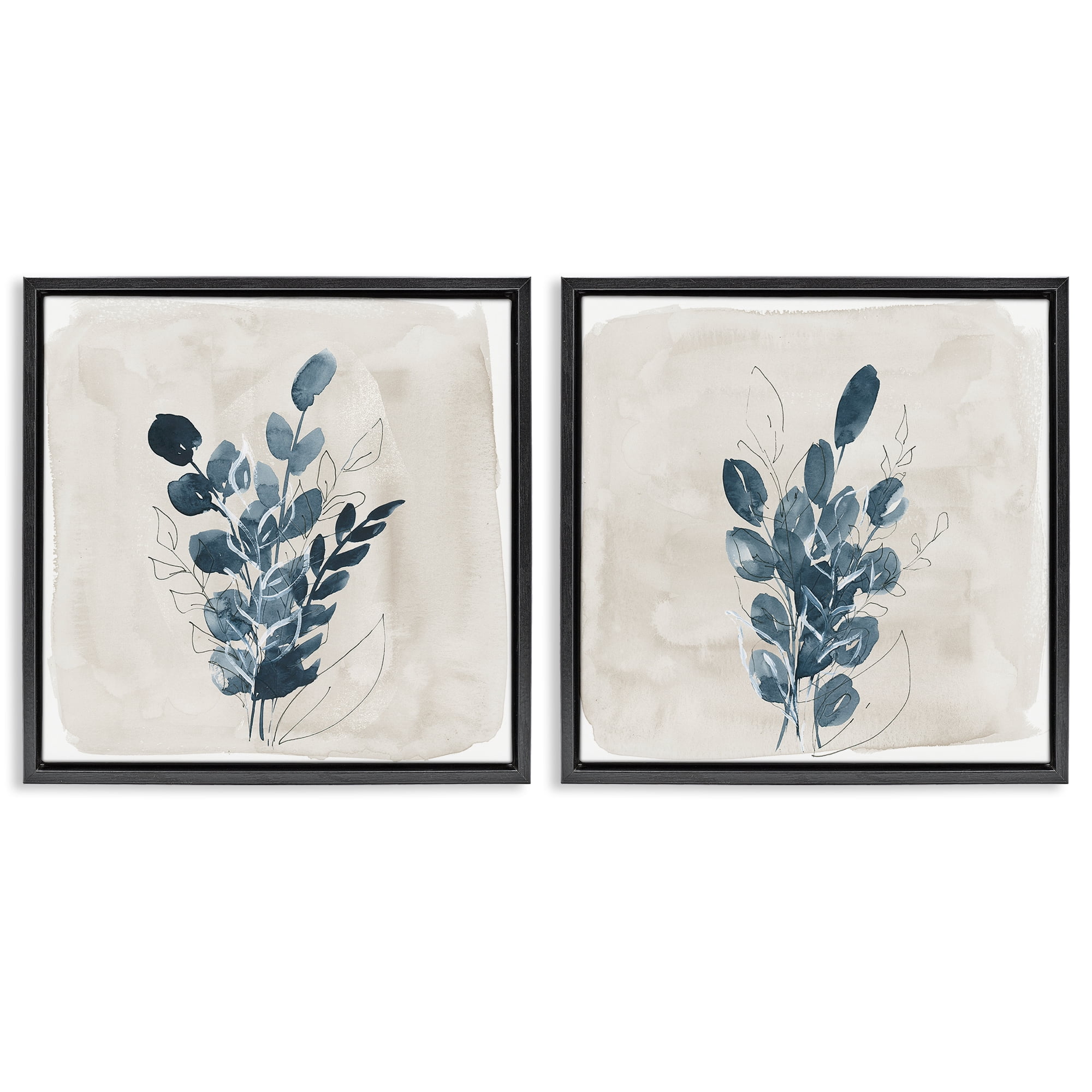 Stupell Industries Blue Summer Leaves Plants & Flowers Painting Black Floater Framed Canvas Art Print Wall Art, 25 x 25, Set of 2
