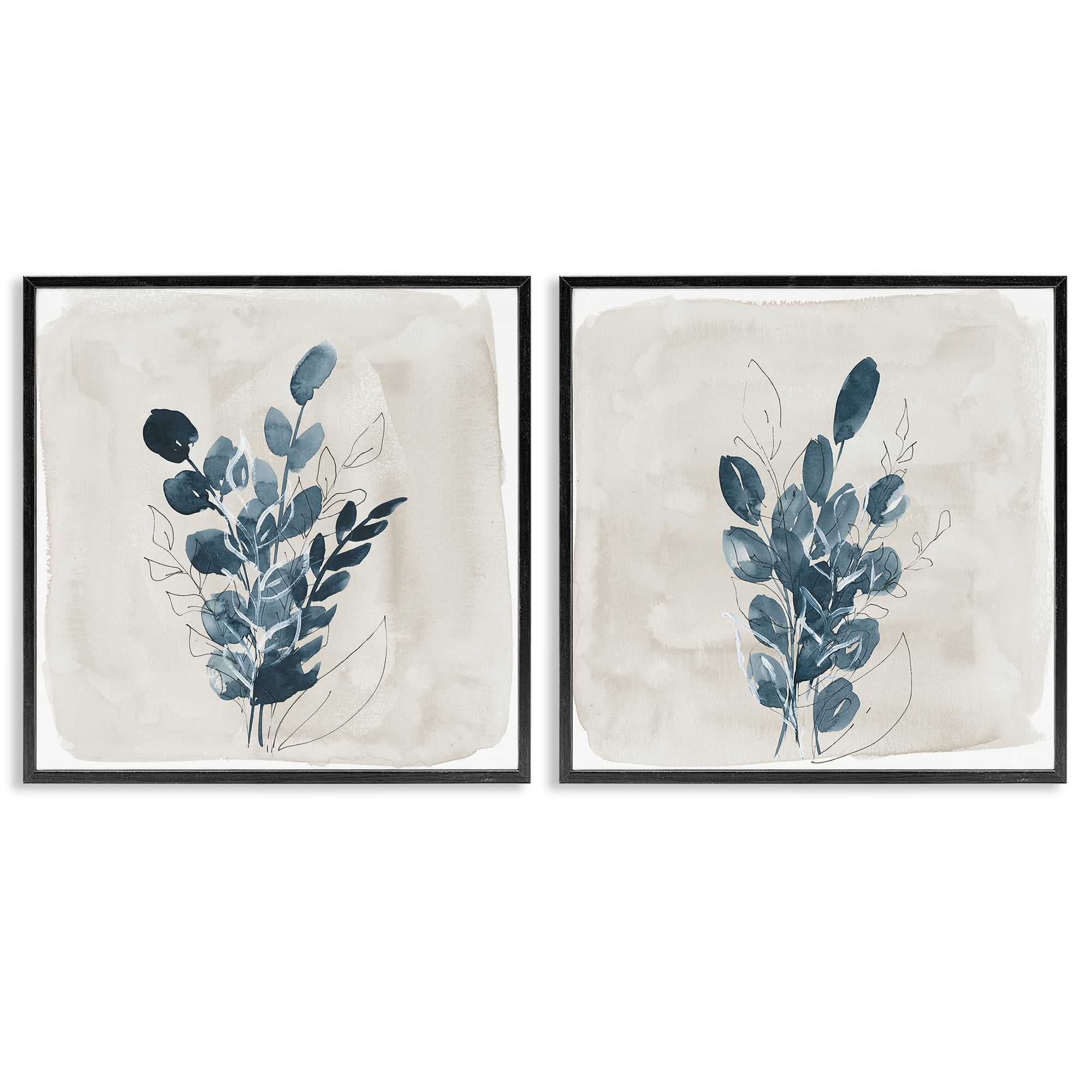 Stupell Industries Blue Summer Leaves Plants & Flowers Painting Black Framed Art Print Wall Art, 17 x 17, Set of 2