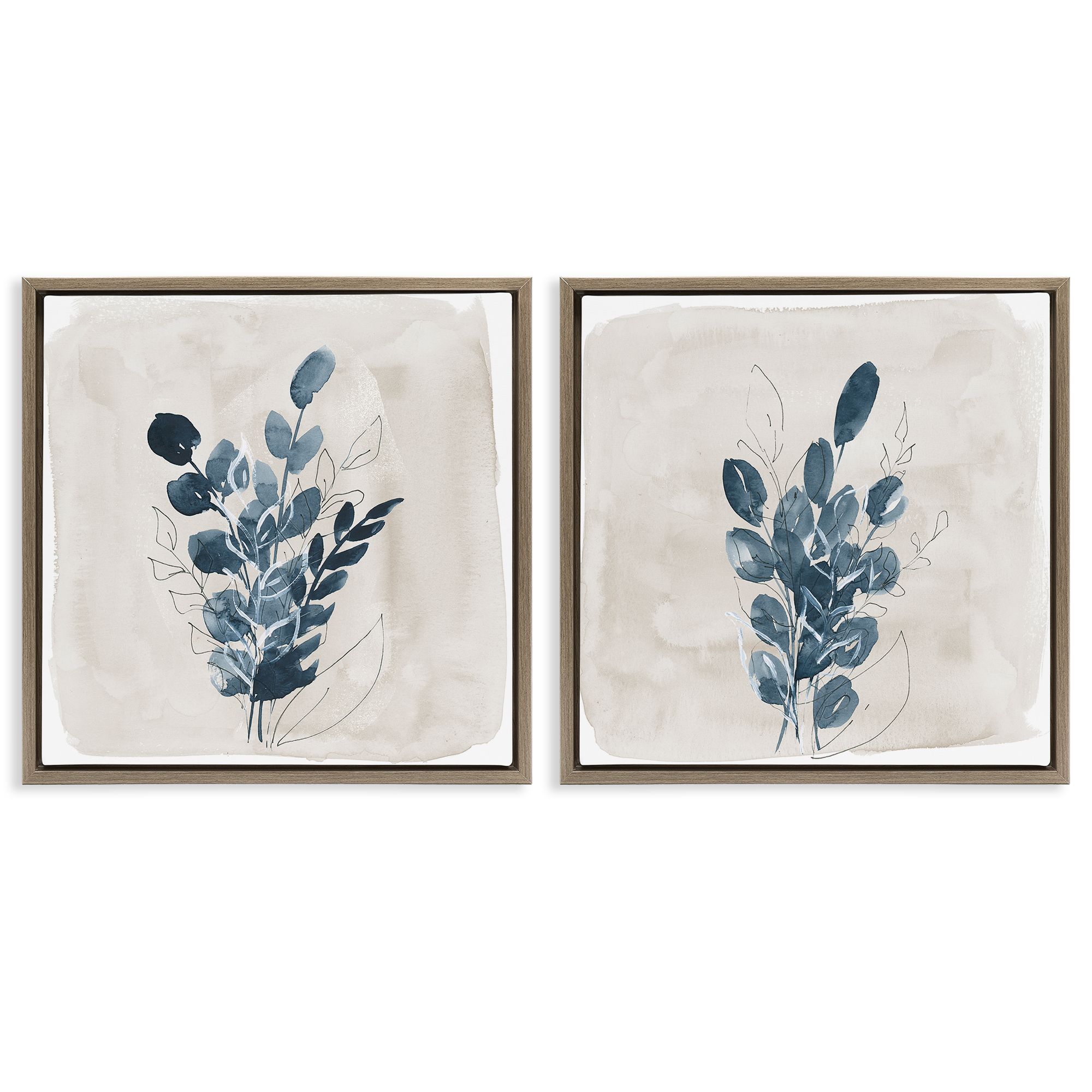 Stupell Industries Blue Summer Leaves Plants & Flowers Painting Brown Floater Framed Canvas Art Print Wall Art, 25 x 25, Set of 2