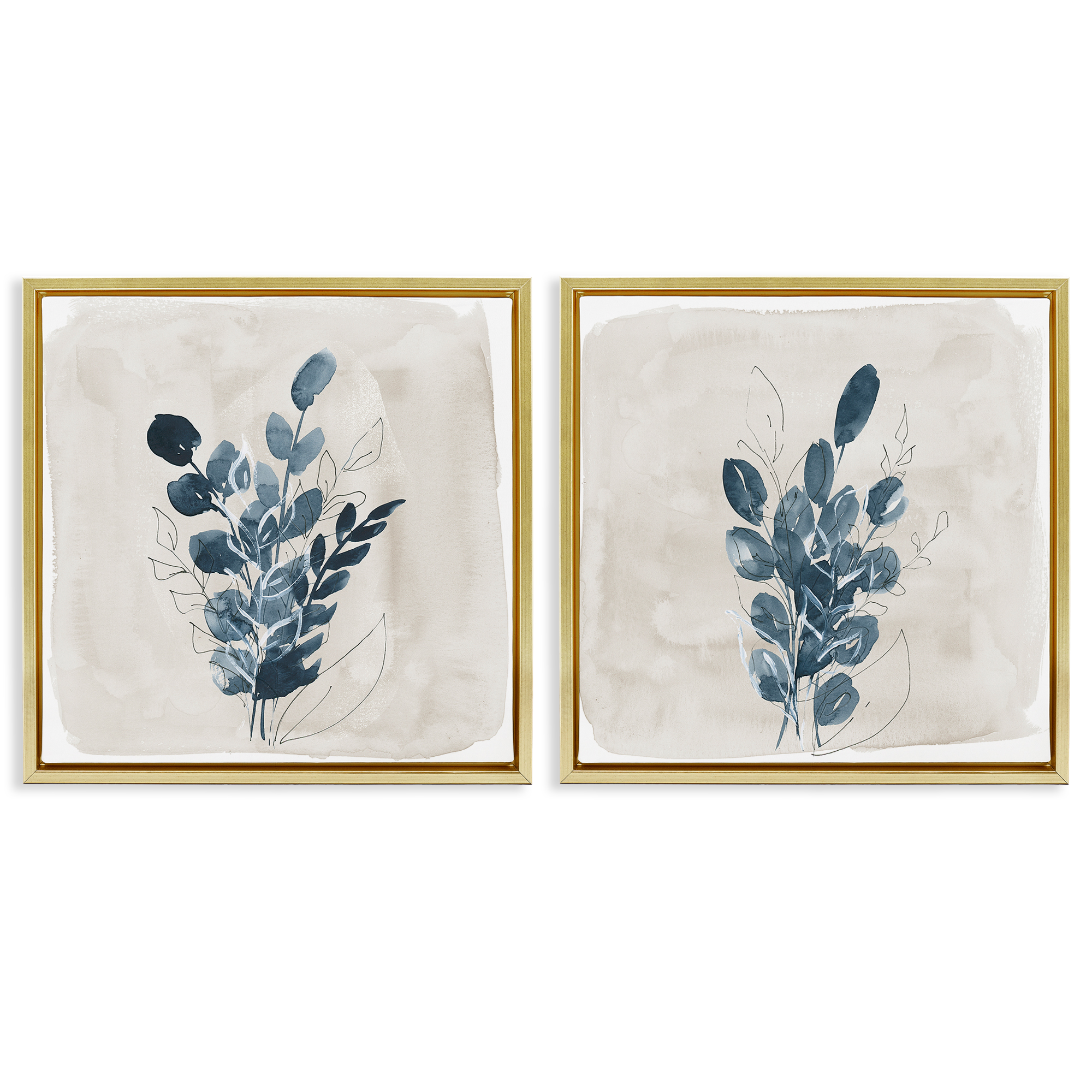 Stupell Industries Blue Summer Leaves Plants & Flowers Painting Gold Floater Framed Canvas Art Print Wall Art, 18 x 18, Set of 2