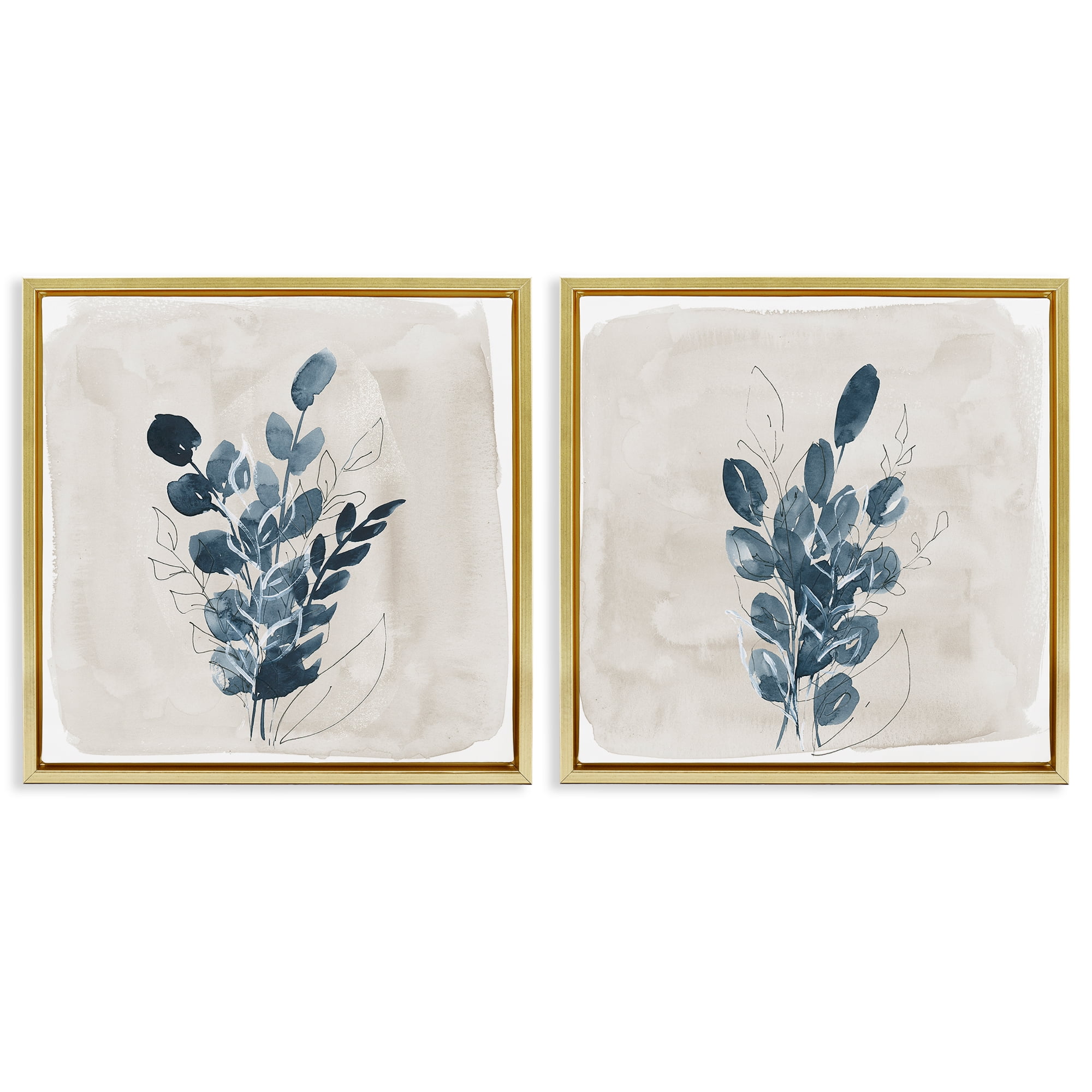 Stupell Industries Blue Summer Leaves Plants & Flowers Painting Gold Floater Framed Canvas Art Print Wall Art, 25 x 25, Set of 2