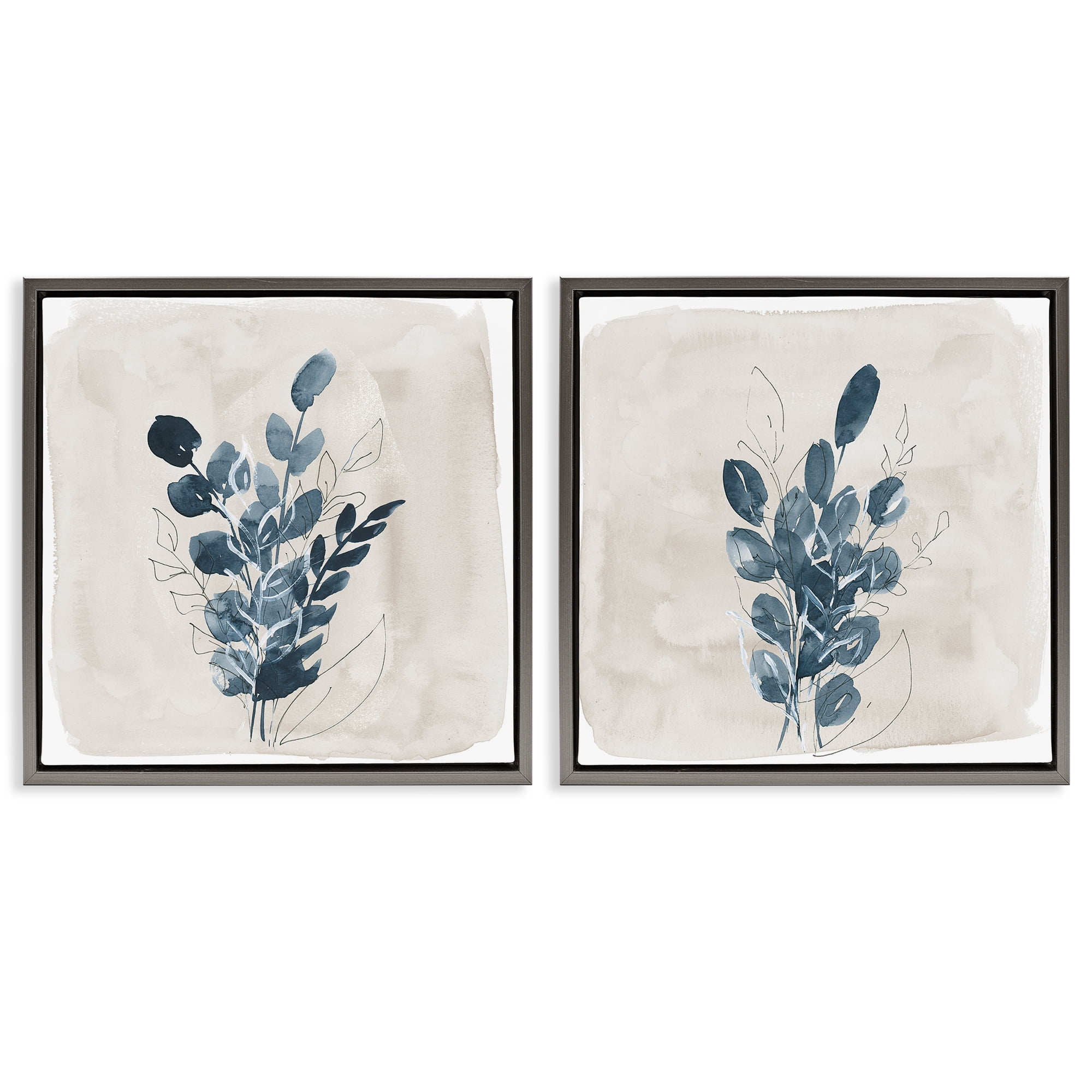 Stupell Industries Blue Summer Leaves Plants & Flowers Painting Gray Floater Framed Canvas Art Print Wall Art, 18 x 18, Set of 2