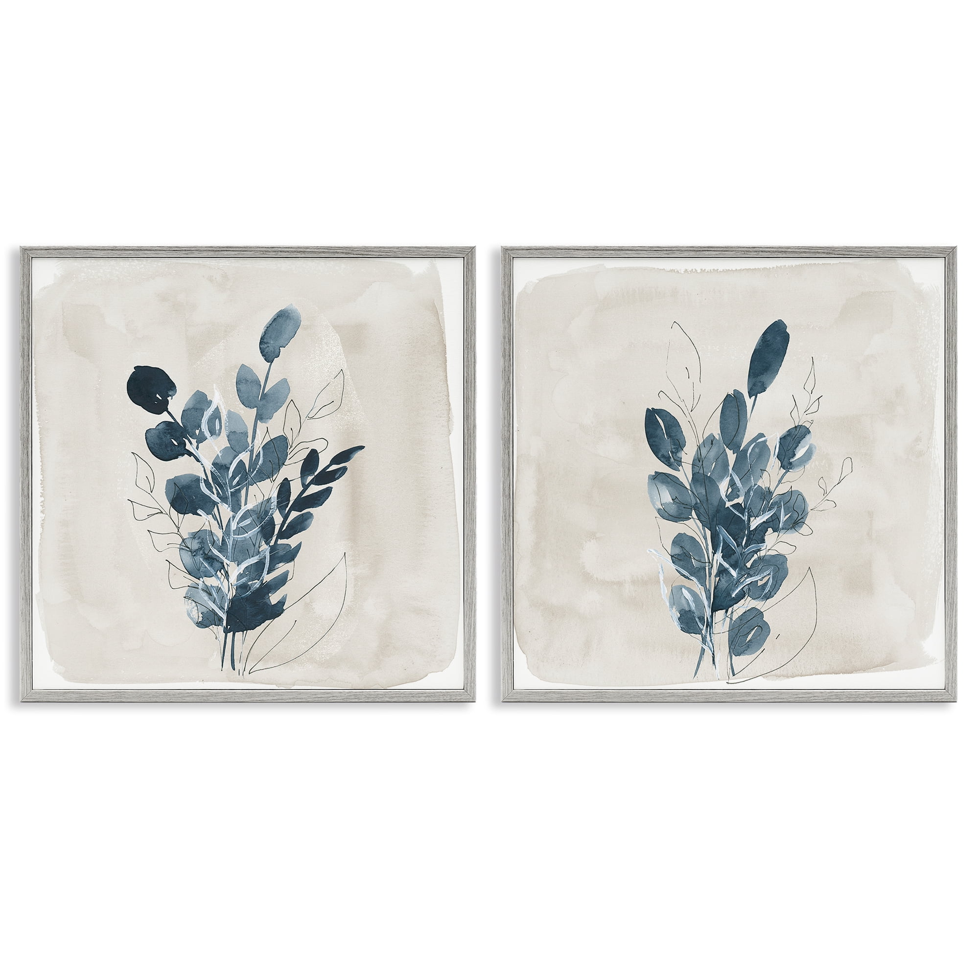 Stupell Industries Blue Summer Leaves Plants & Flowers Painting Gray Framed Art Print Wall Art, 12 x 12, Set of 2