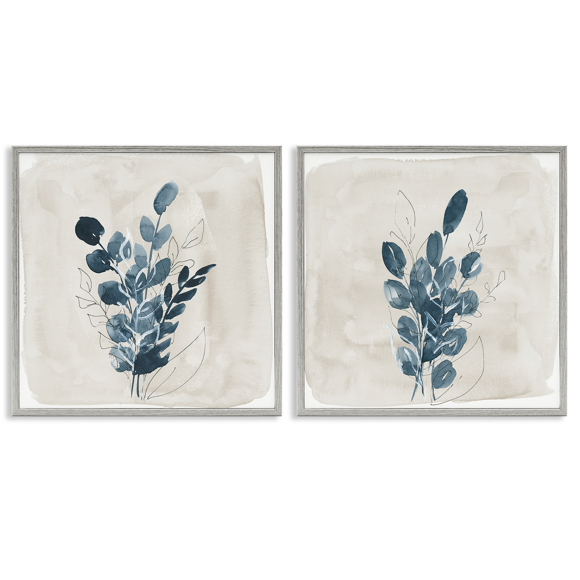 Stupell Industries Blue Summer Leaves Plants & Flowers Painting Gray Framed Art Print Wall Art, 17 x 17, Set of 2