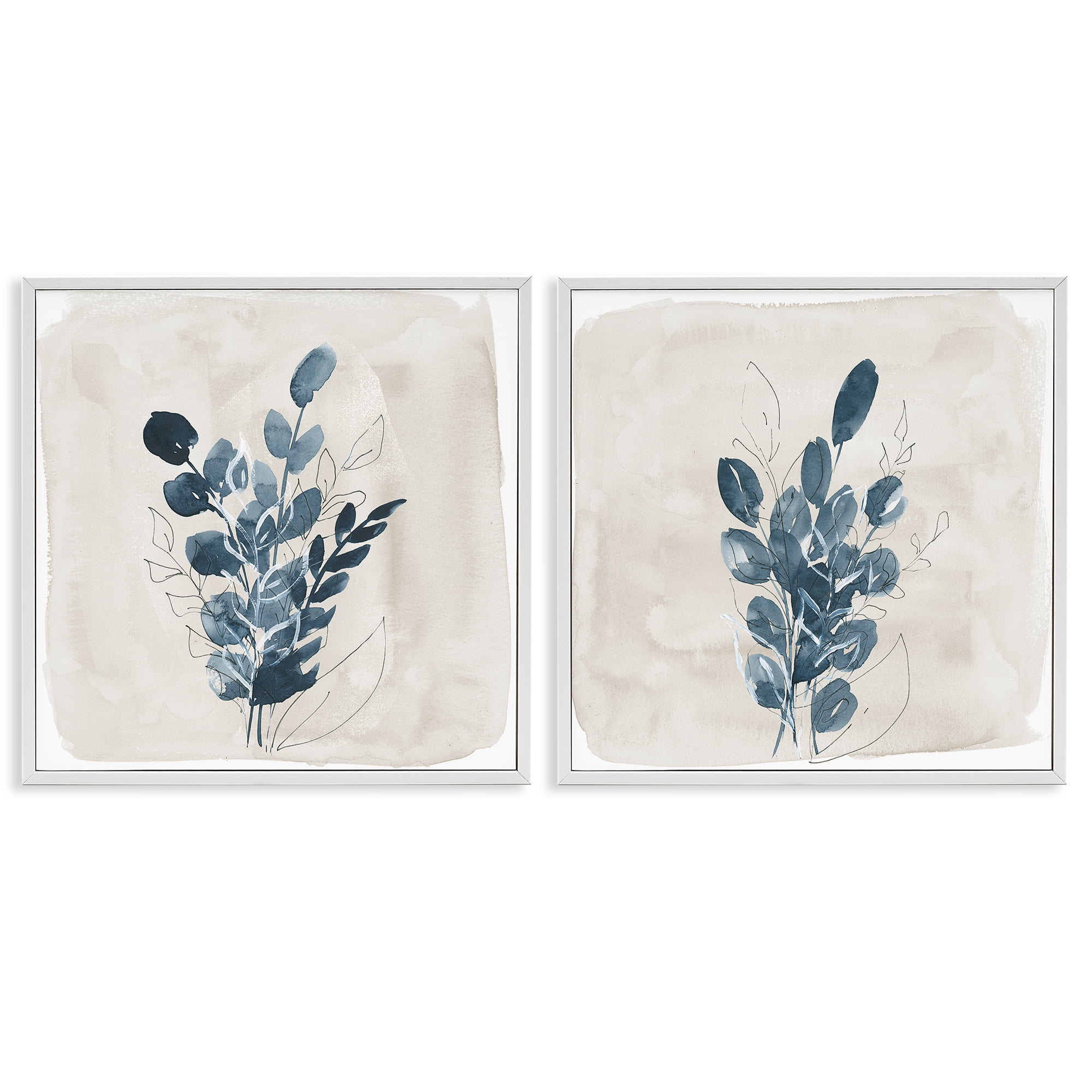 Stupell Industries Blue Summer Leaves Plants & Flowers Painting White Framed Art Print Wall Art, 17 x 17, Set of 2