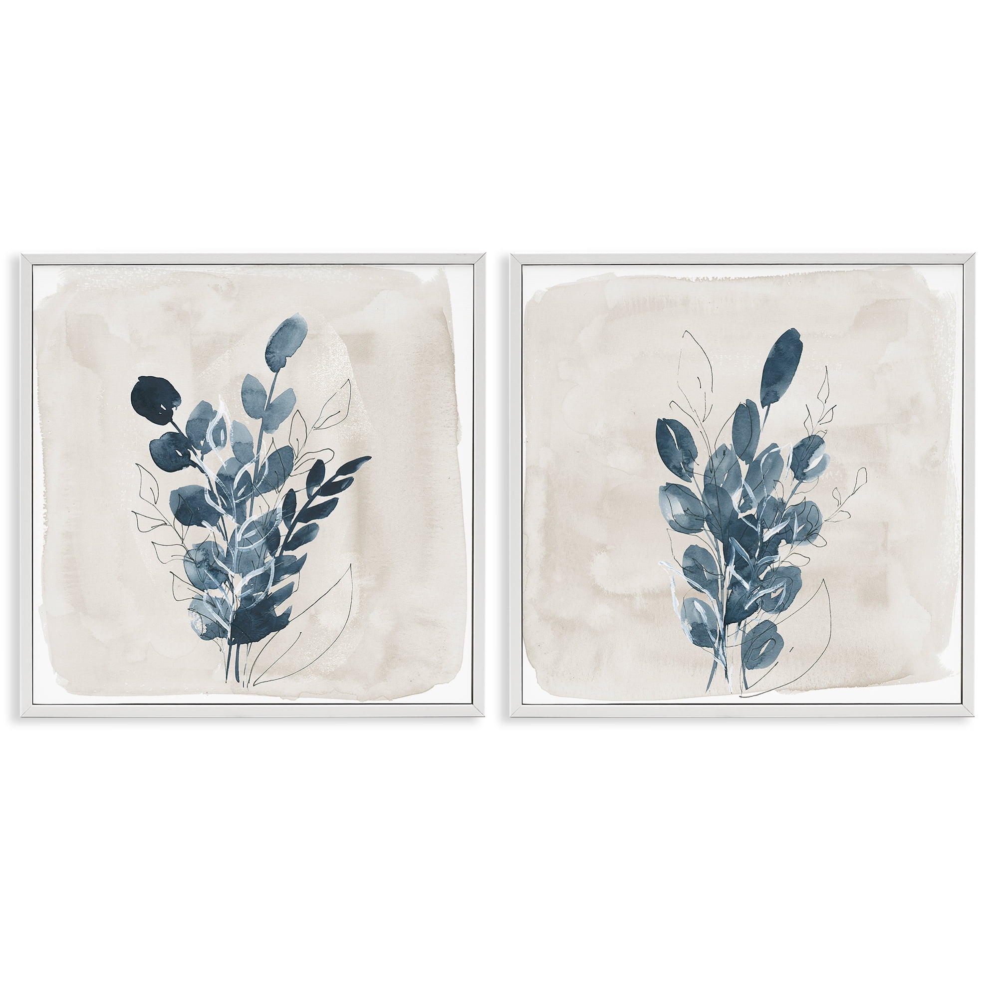 Stupell Industries Blue Summer Leaves Plants & Flowers Painting White Framed Art Print Wall Art, 24 x 24, Set of 2
