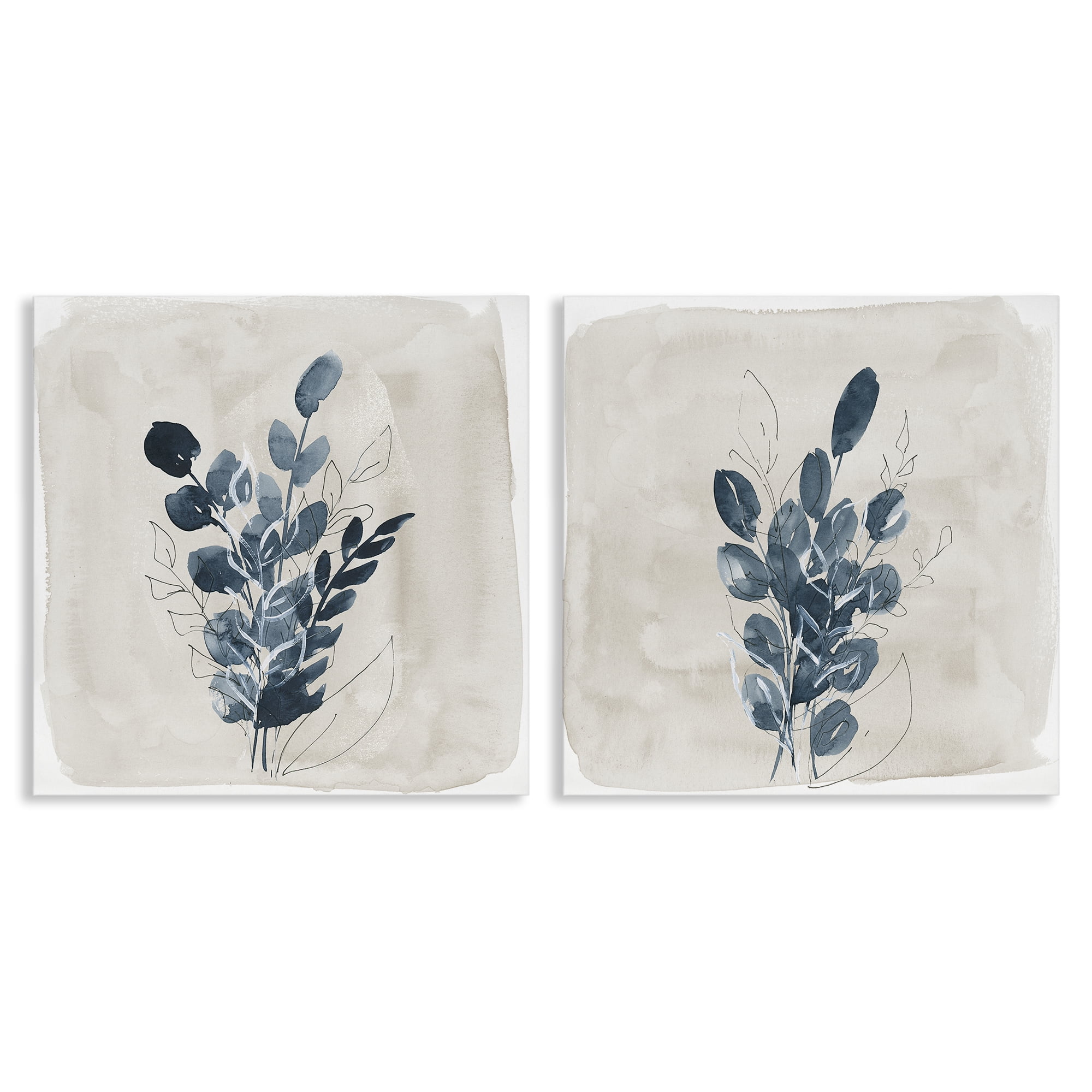 Stupell Industries Blue Summer Leaves Plants & Flowers Painting Wrapped Canvas Art Print Wall Art, 17 x 17, Set of 2