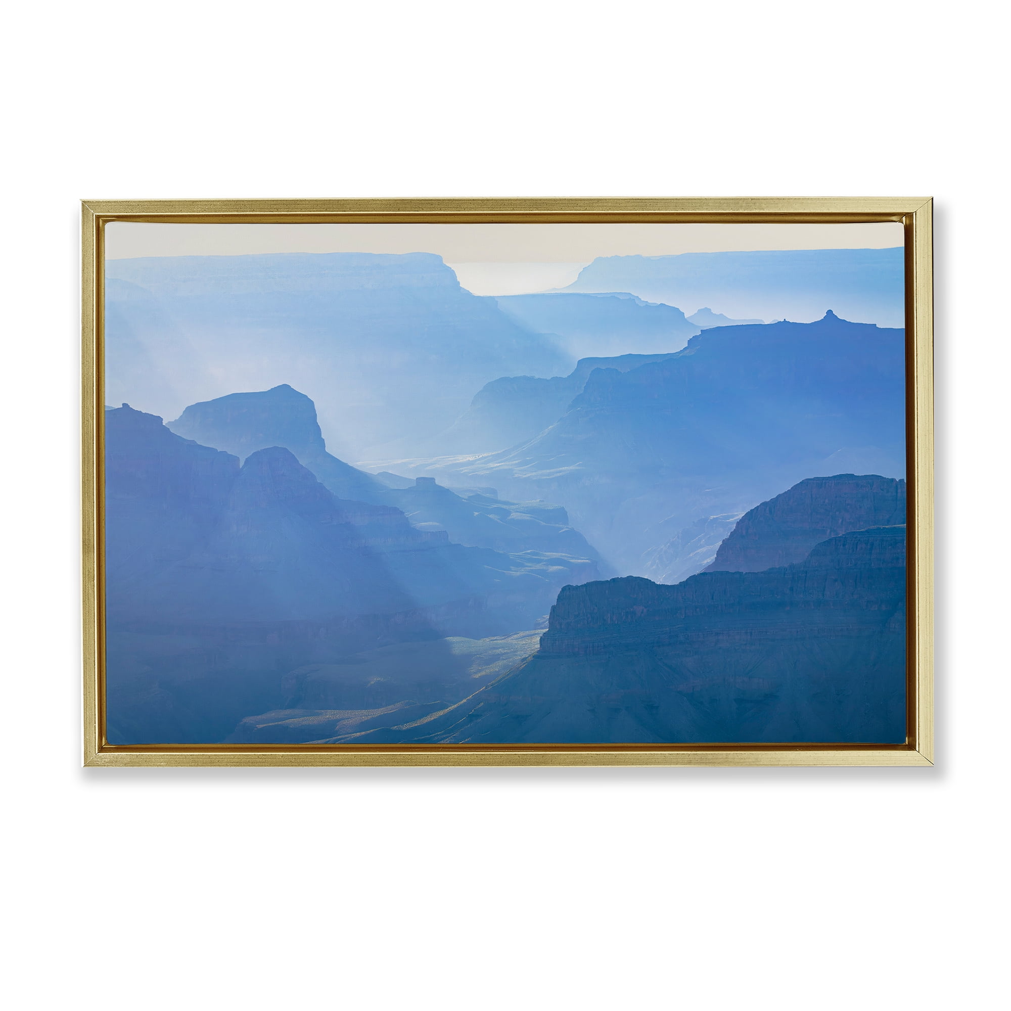 Stupell Industries Blue Sunlit Peaks Landscape & Nature Photography Gold Floater Framed Canvas Art Print Wall Art, 31 x 21