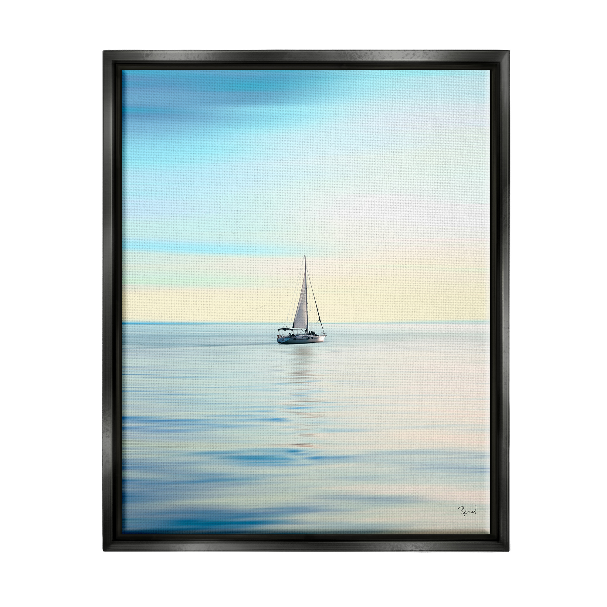 Stupell Industries Blue Sunlit Sailboat Transportation Painting Black Floater Framed Canvas Art Print Wall Art, 25 x 31