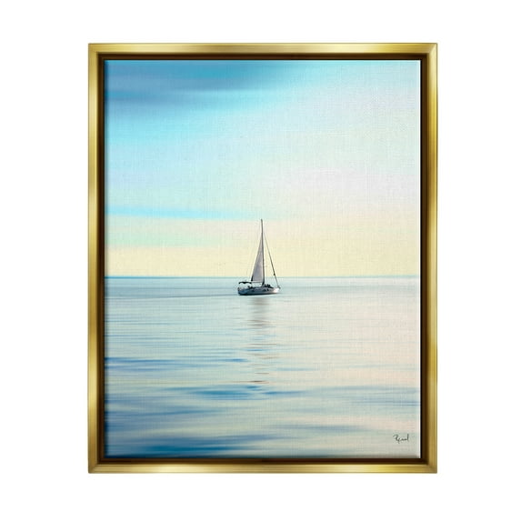 Stupell Industries Blue Sunlit Sailboat Transportation Painting Gold Floater Framed Canvas Art Print Wall Art, 25 x 31
