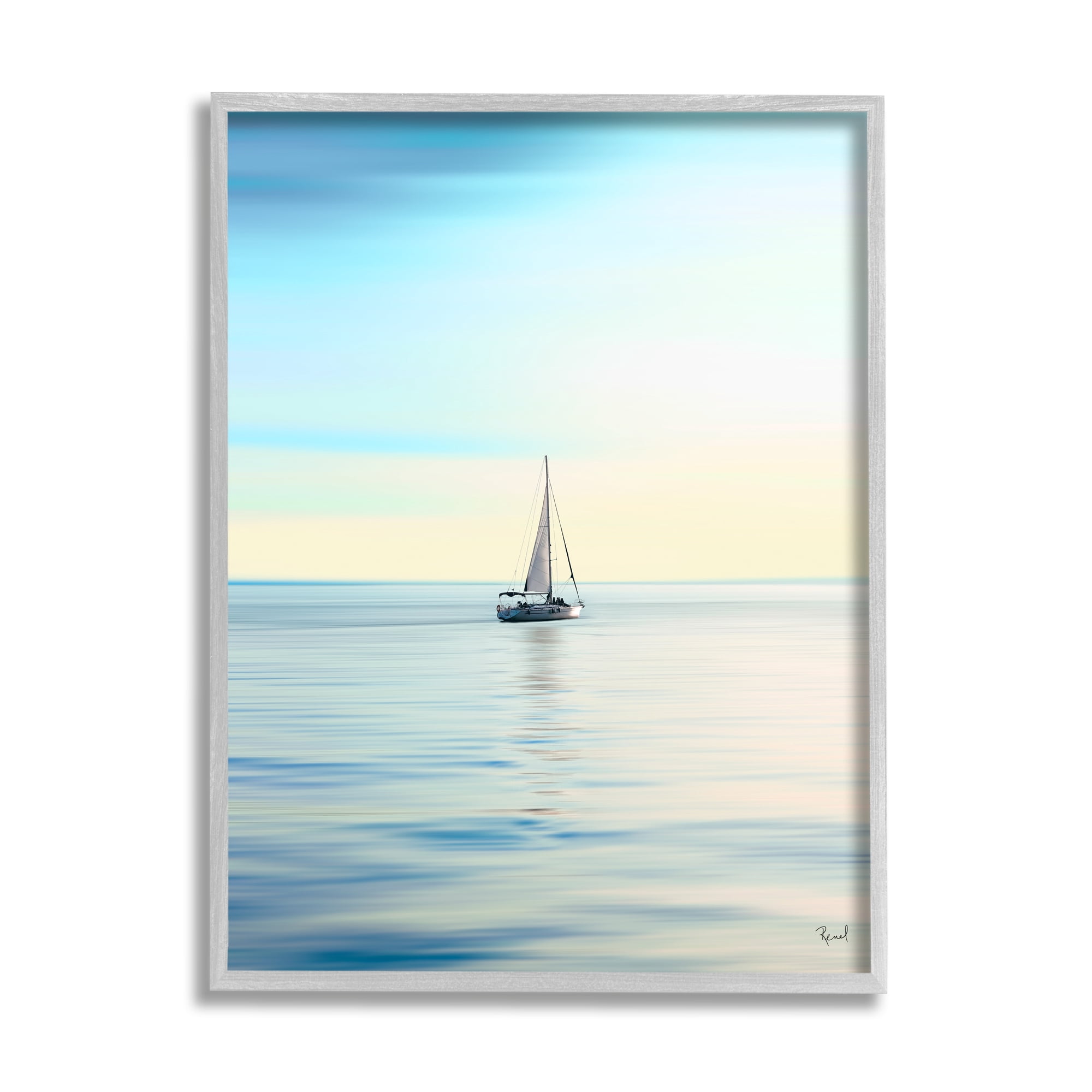 Stupell Industries Blue Sunlit Sailboat Transportation Painting Gray Framed Art Print Wall Art, 24 x 30