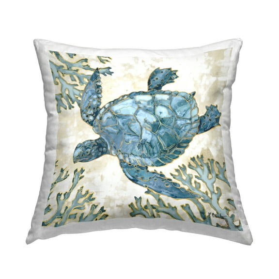 Stupell Industries Blue Swimming Sea Turtle Coral Outline Design by Paul Brent Throw Pillow
