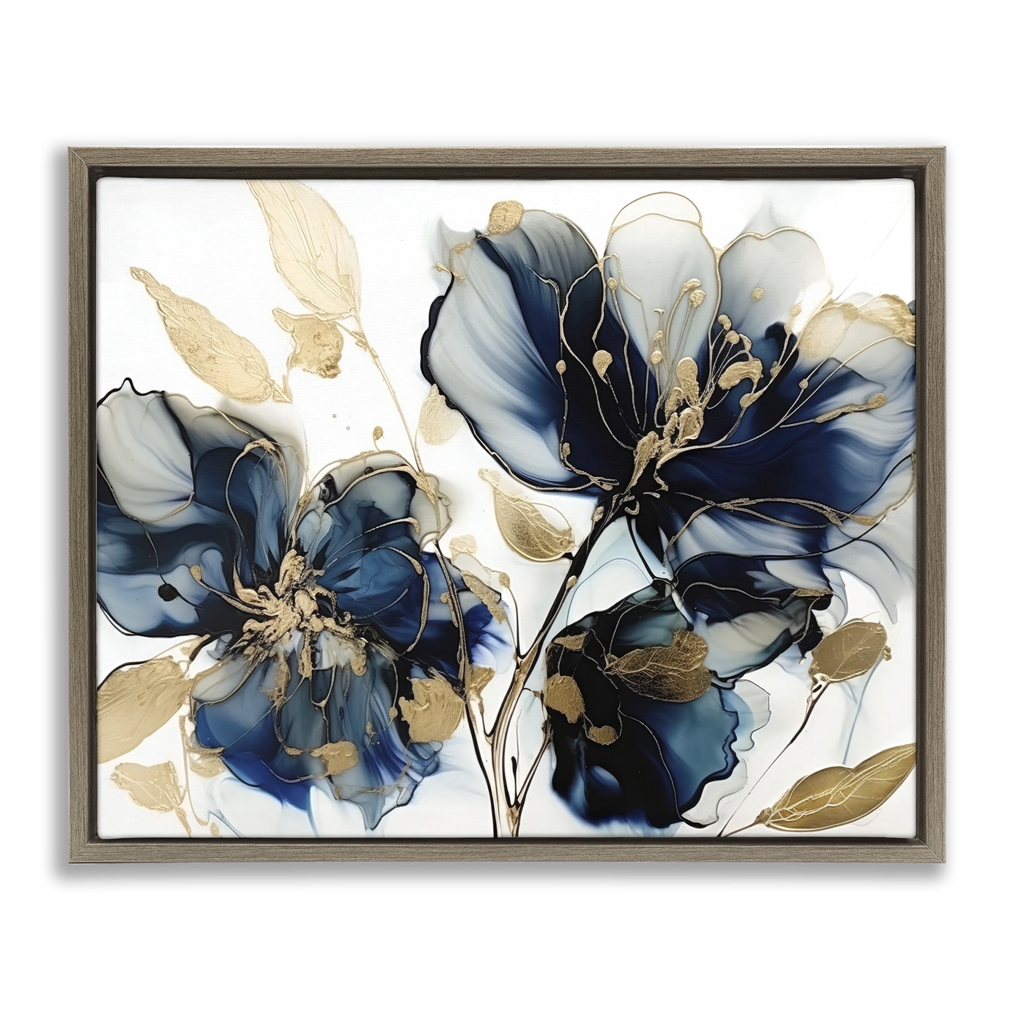 Stupell Industries Blue Swirling Modern Flowers Botanical & Floral Painting Brown Floater Framed Canvas Art Print Wall Art, 21 x 17