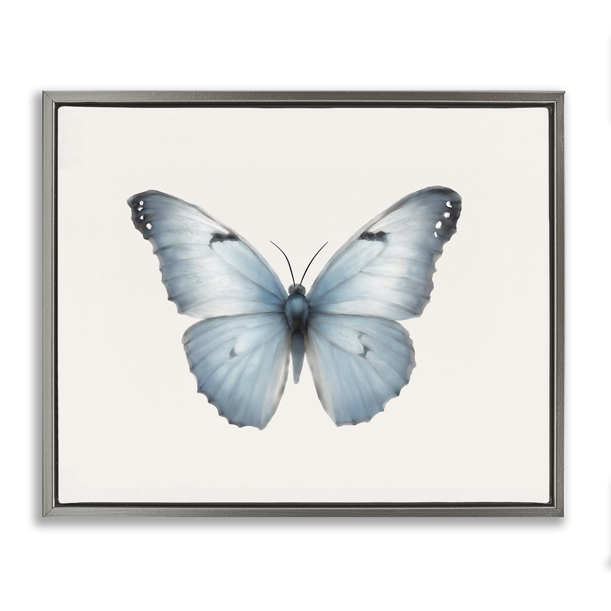 Stupell Industries Blue Symmetrical Butterfly Animals Painting Gray Floater Framed Canvas Art Print Wall Art, 31 x 25
