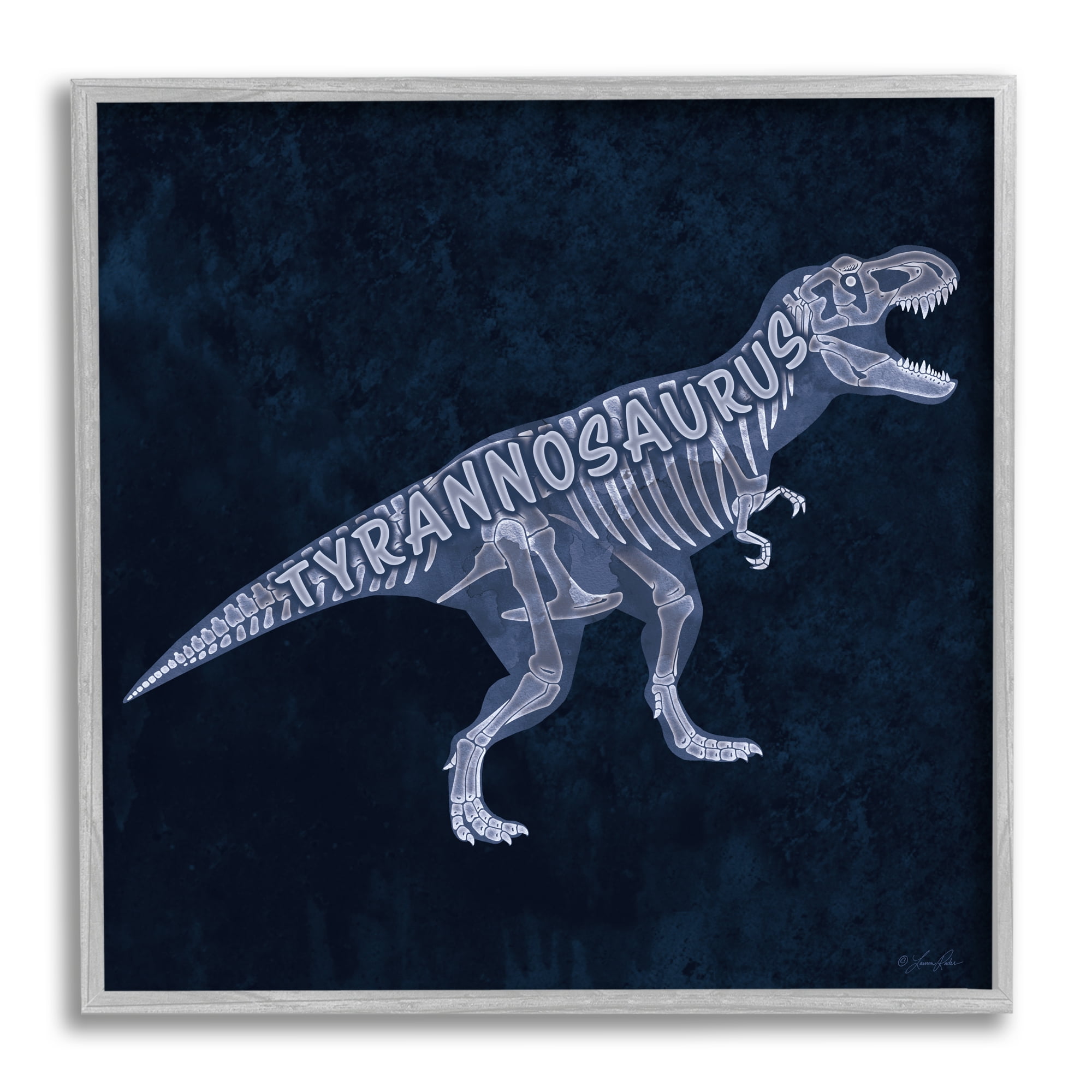 Stupell Industries Blue T-Rex Skeleton Animals & Insects Painting Gray Framed Art Print Wall Art, 24 x 24