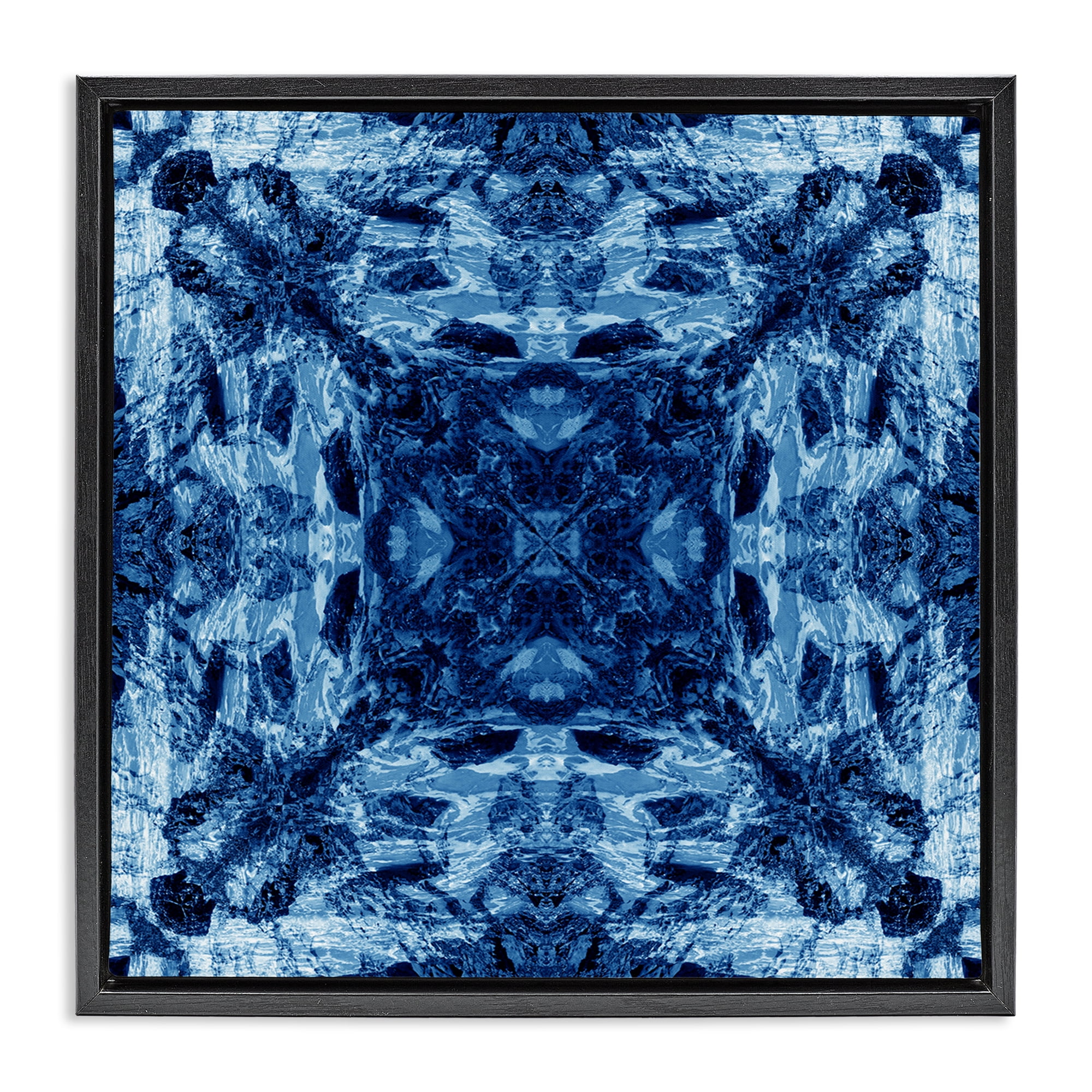 Stupell Industries Blue Tie Dye Symmetry Abstract Painting Black Floater Framed Canvas Art Print Wall Art, 18 x 18