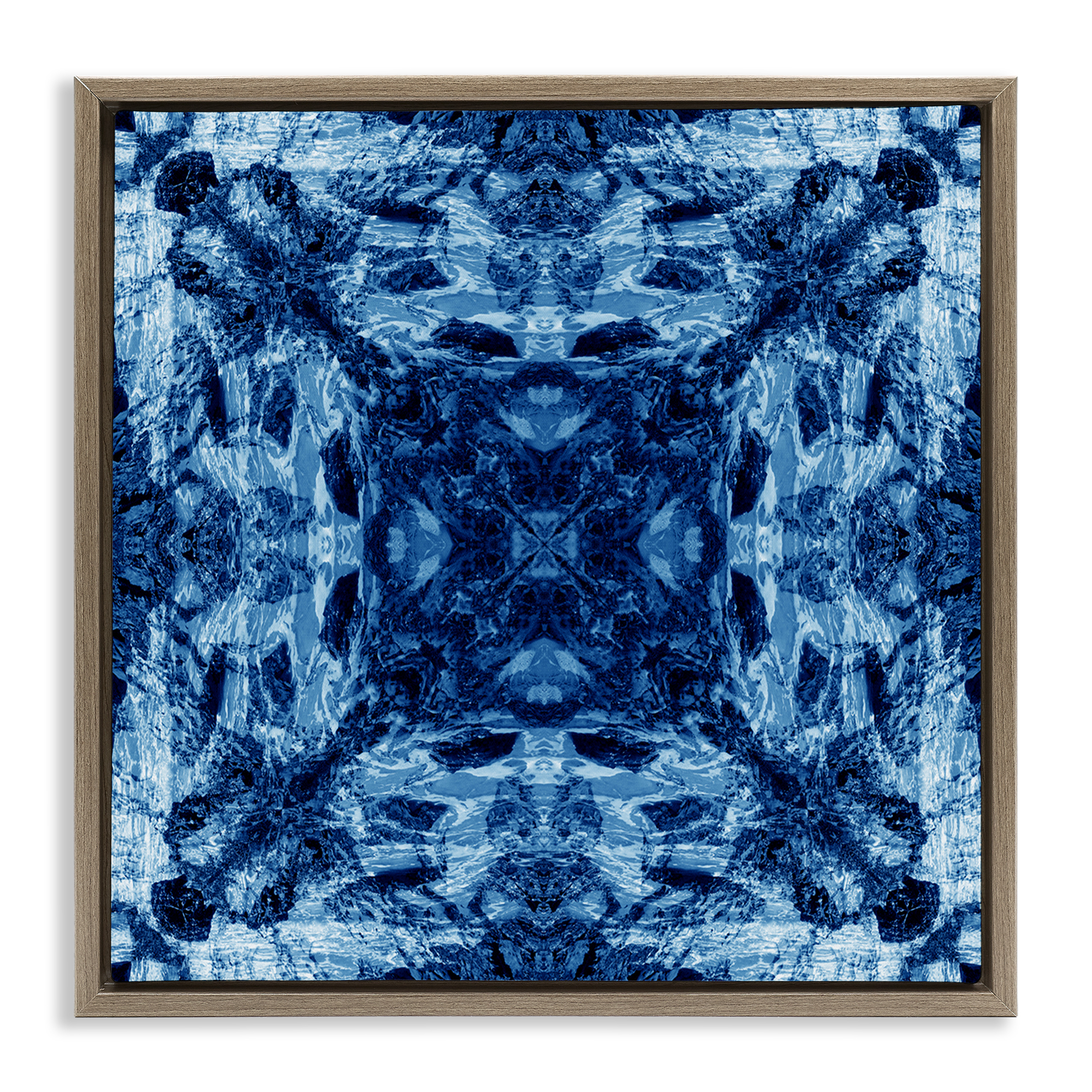 Stupell Industries Blue Tie Dye Symmetry Abstract Painting Brown Floater Framed Canvas Art Print Wall Art, 18 x 18