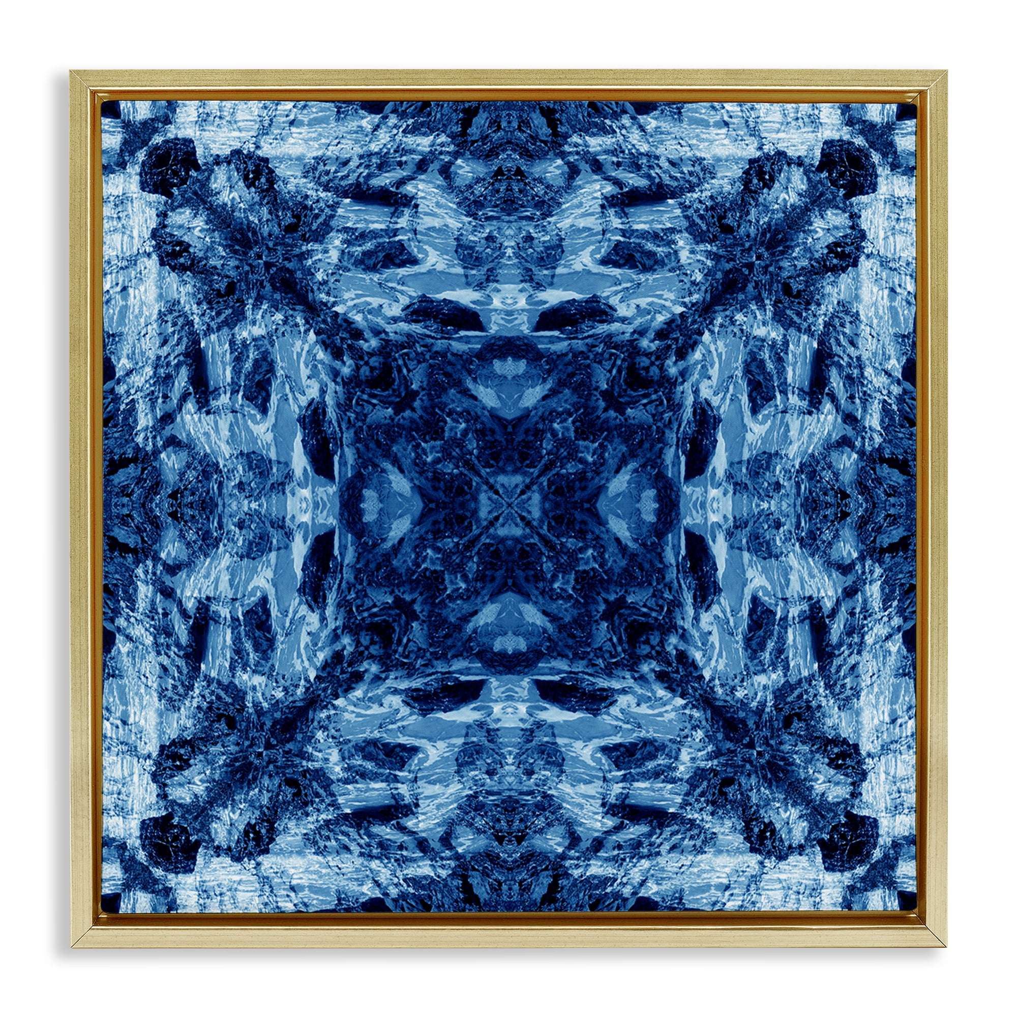 Stupell Industries Blue Tie Dye Symmetry Abstract Painting Gold Floater Framed Canvas Art Print Wall Art, 18 x 18