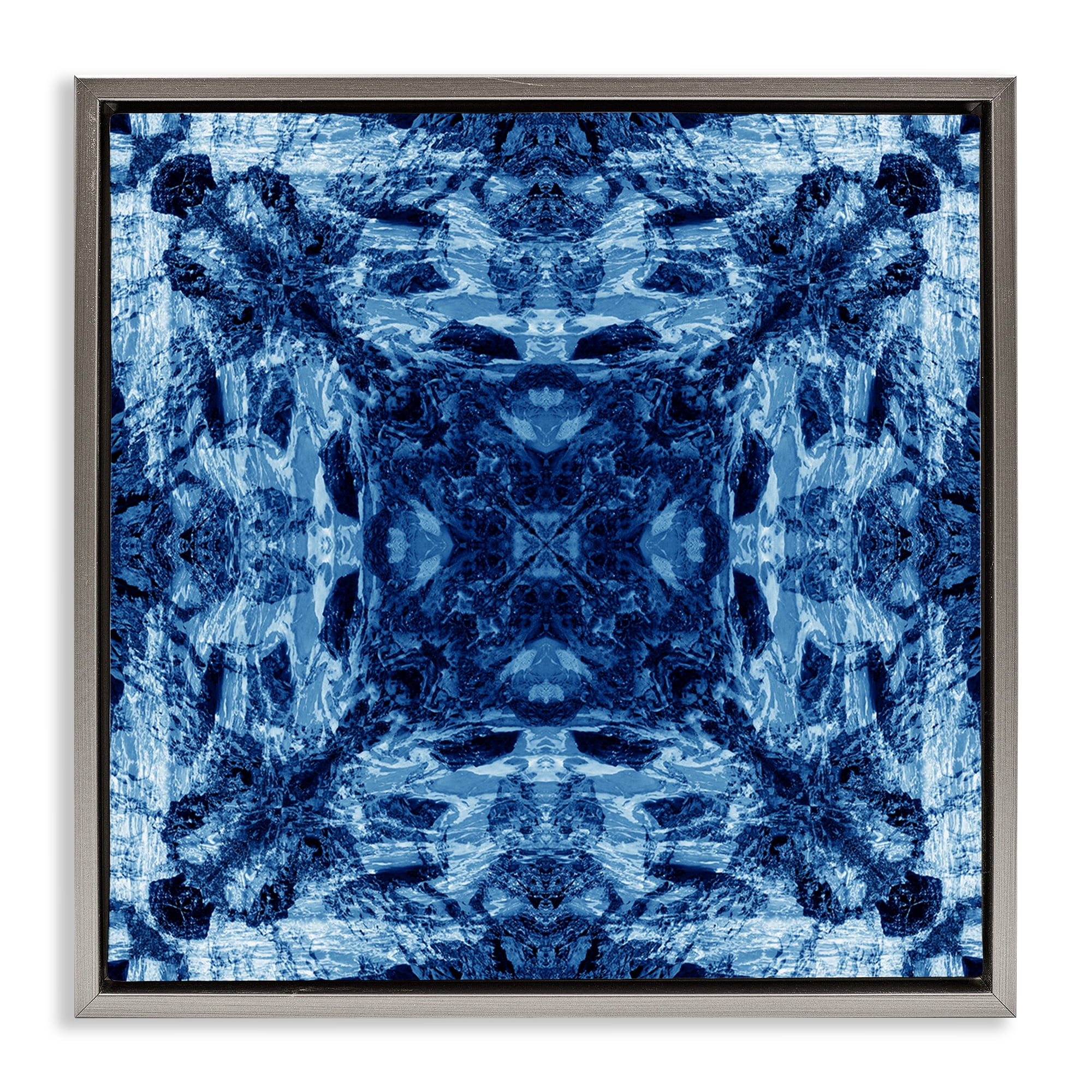 Stupell Industries Blue Tie Dye Symmetry Abstract Painting Gray Floater Framed Canvas Art Print Wall Art, 18 x 18