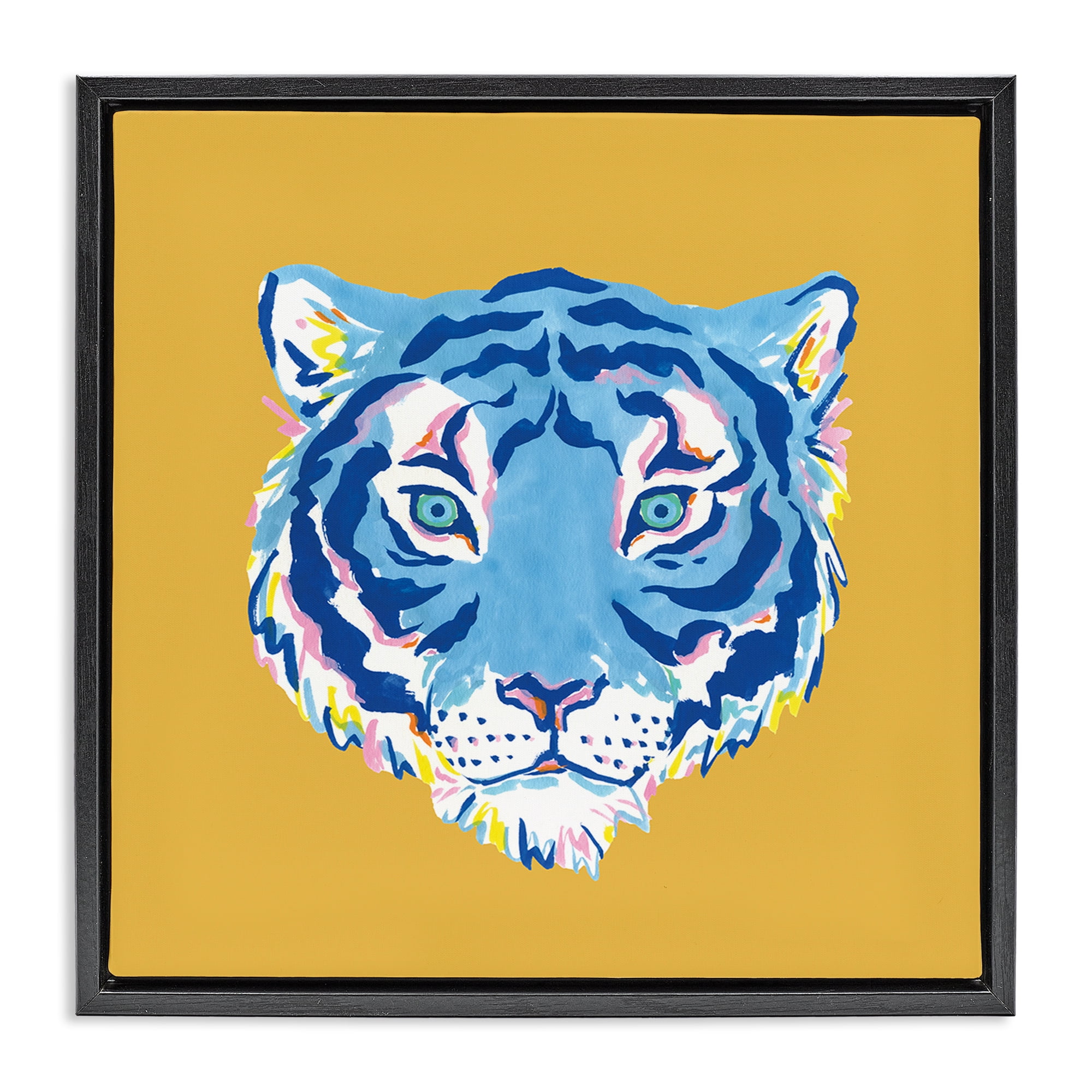 Stupell Industries Blue Tiger over Yellow Black Framed Floater Canvas Wall Art, design by Karolina Sato