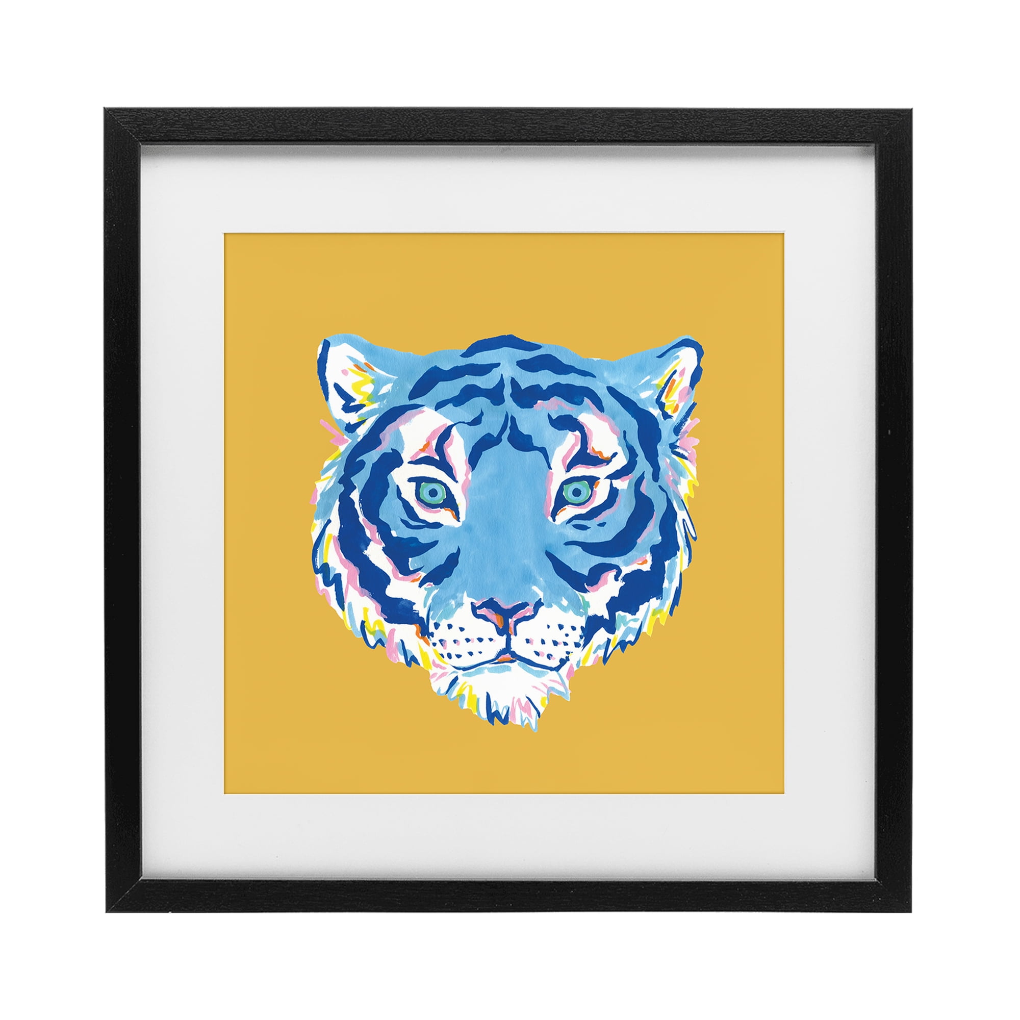 Stupell Industries Blue Tiger over Yellow Black Framed Print Under Glass, design by Karolina Sato