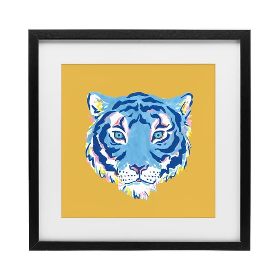 Stupell Industries Eclectic Blue Tiger over Yellow Black Framed Print Under Glass, 13 x 13, by Karolina Sato