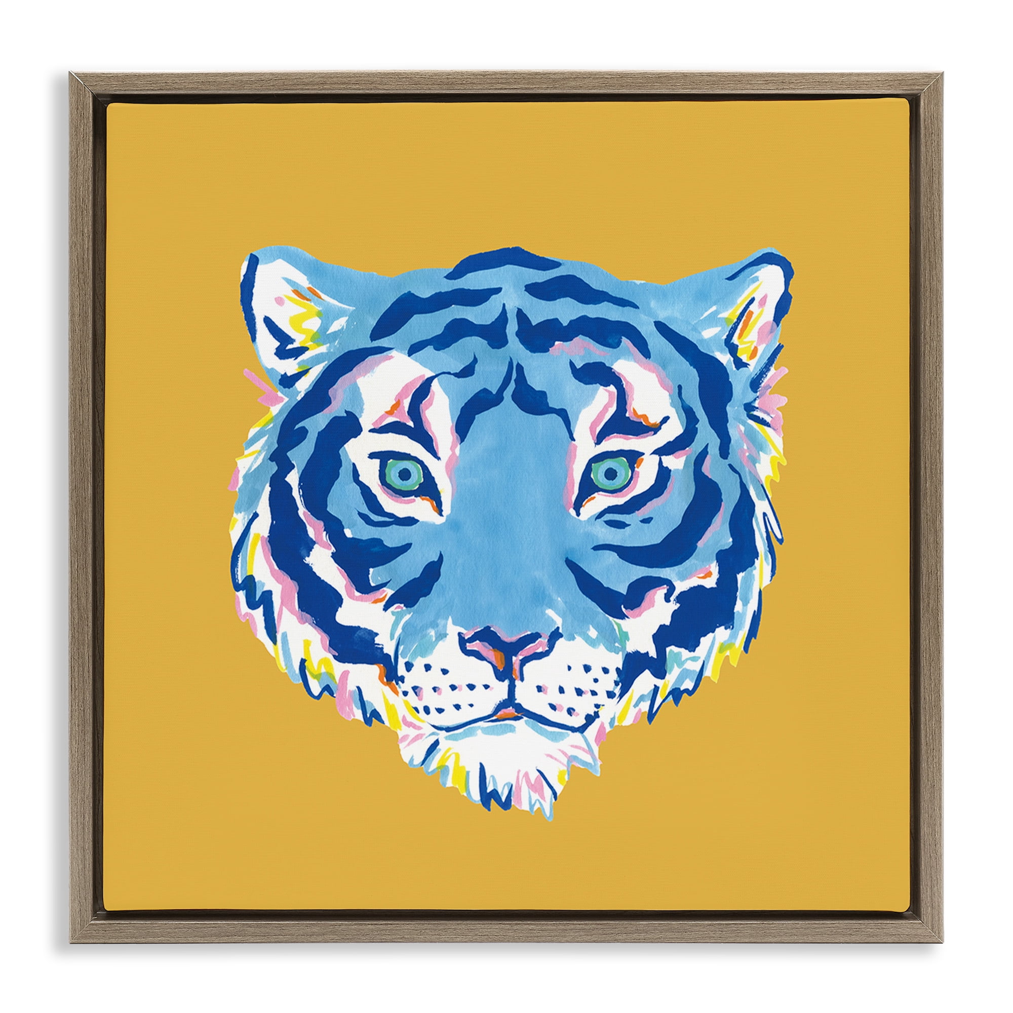 Stupell Industries Blue Tiger over Yellow Brown Framed Floater Canvas Wall Art, design by Karolina Sato