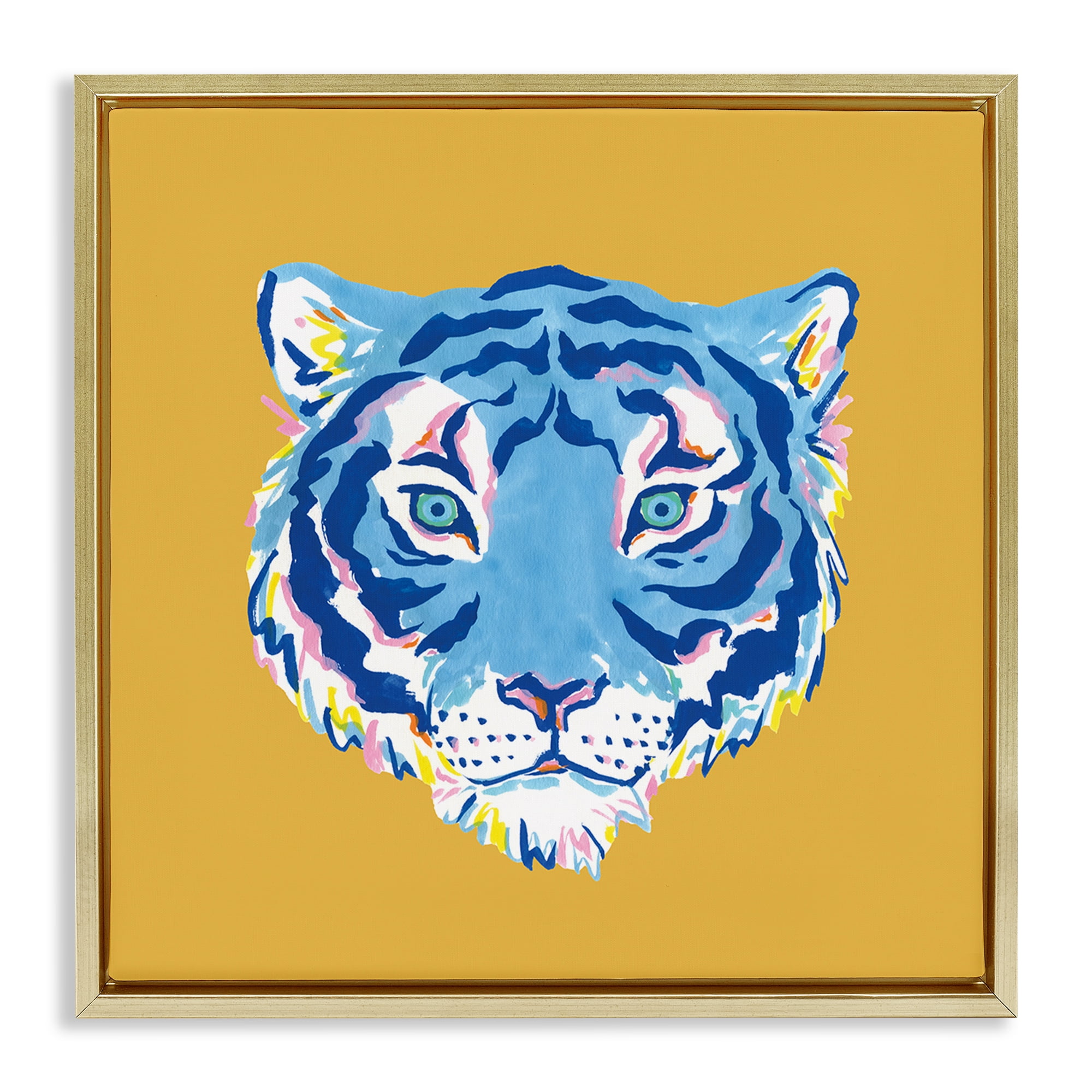 Stupell Industries Blue Tiger over Yellow Gold Framed Floater Canvas Wall Art, design by Karolina Sato