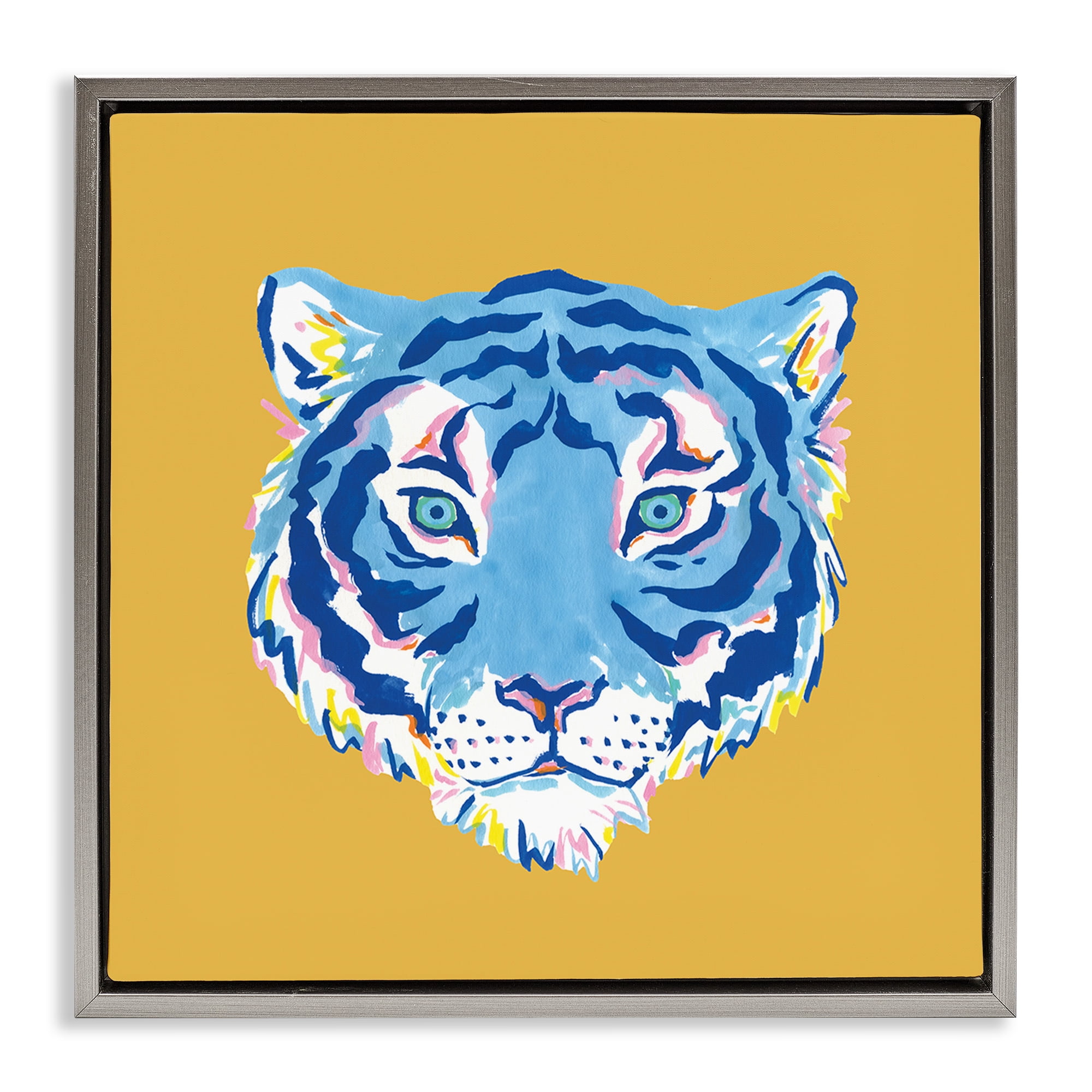 Stupell Industries Blue Tiger over Yellow Gray Framed Floater Canvas Wall Art, design by Karolina Sato