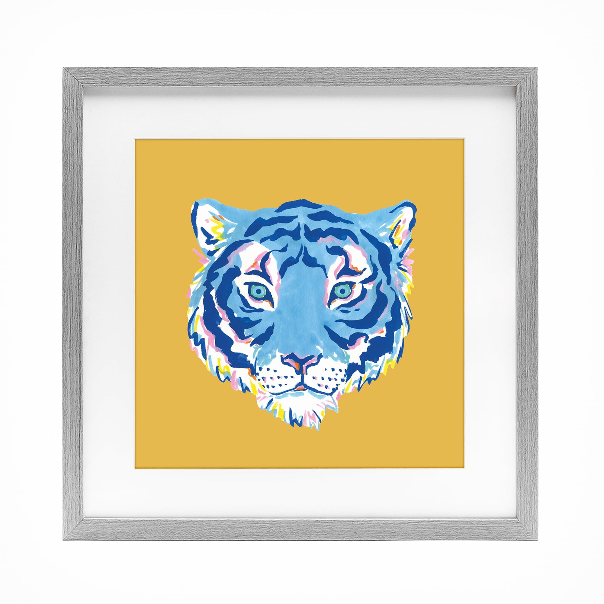 Stupell Industries Blue Tiger over Yellow Gray Framed Print Under Glass, design by Karolina Sato