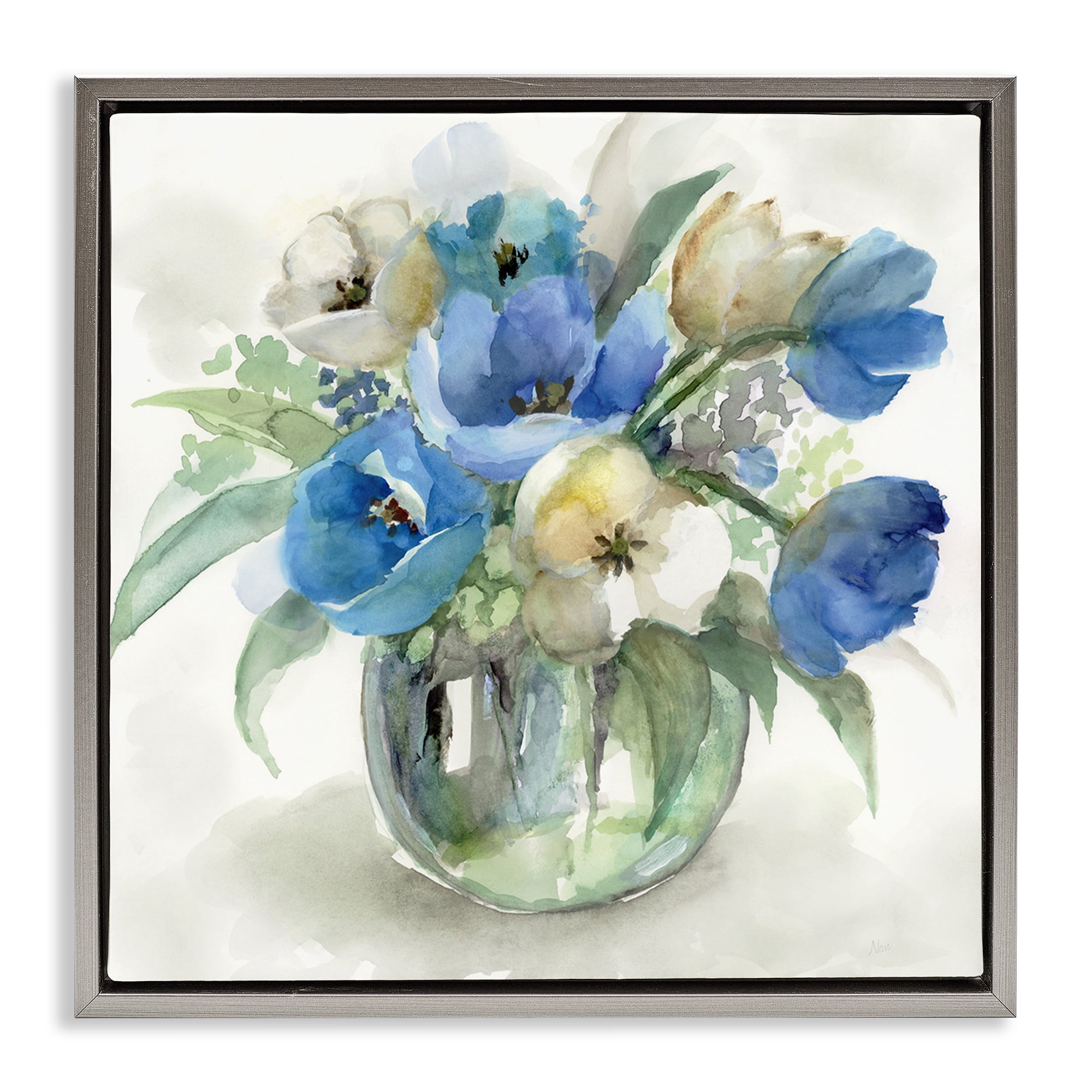 Stupell Industries Blue Tinted Flower Pot Gray Framed Floater Canvas Wall Art, design by Nan