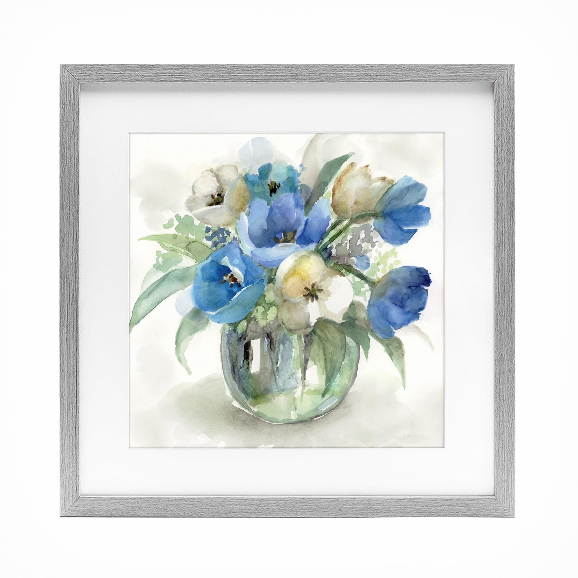Stupell Industries Blue Tinted Flower Pot Gray Framed Print Under Glass, design by Nan