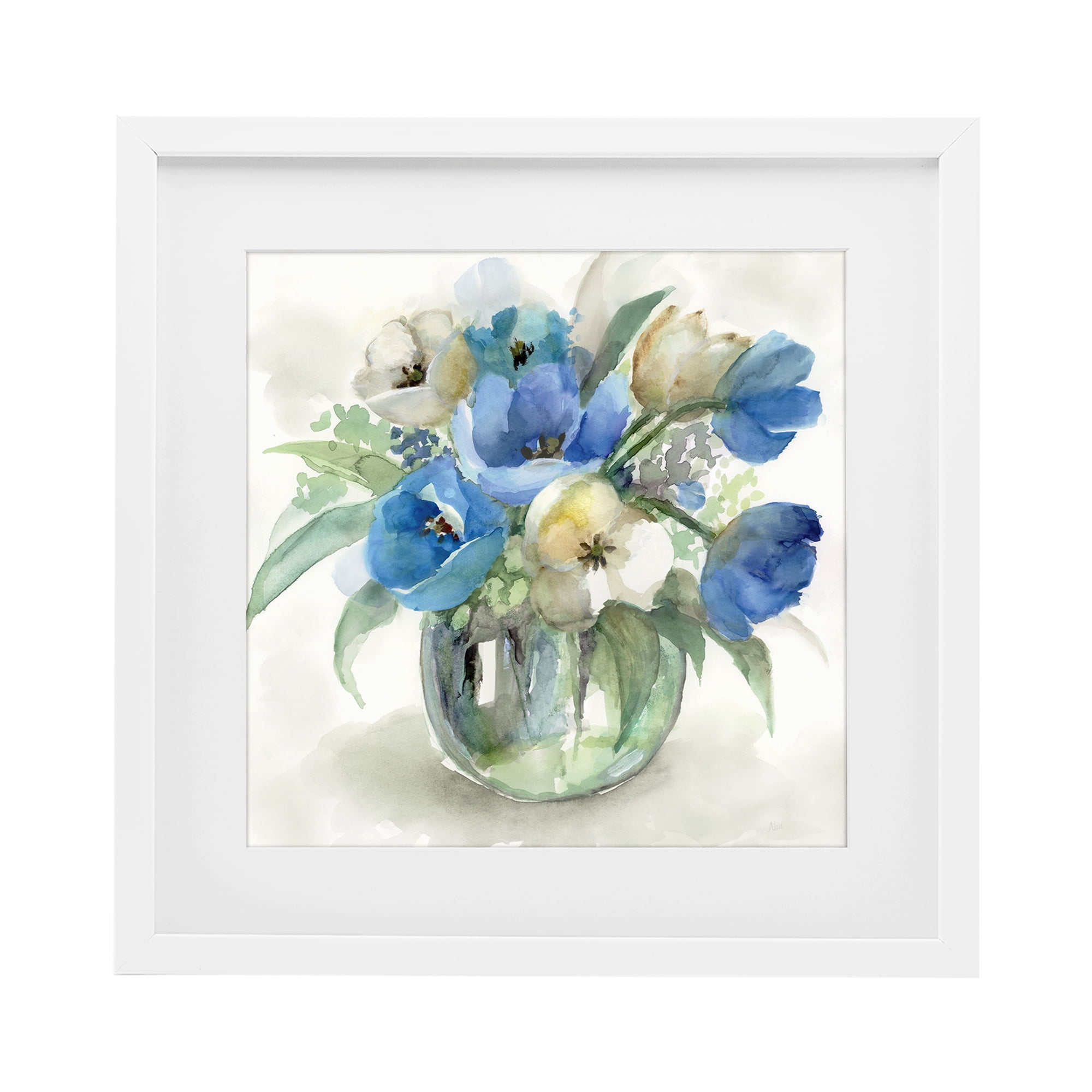 Stupell Industries Blue Tinted Flower Pot White Framed Print Under Glass, design by Nan