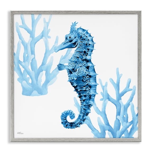 Stupell Industries Blue Tone Seahorse & Coral Animals Painting Gray Framed Art Print Wall Art, 17 x 17