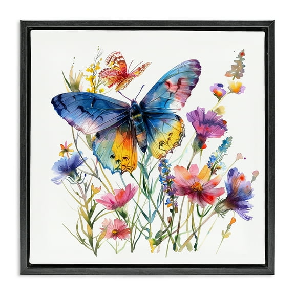 Stupell Industries Blue Toned Butterfly Garden Insects Painting Black Floater Framed Canvas Art Print Wall Art, 18 x 18