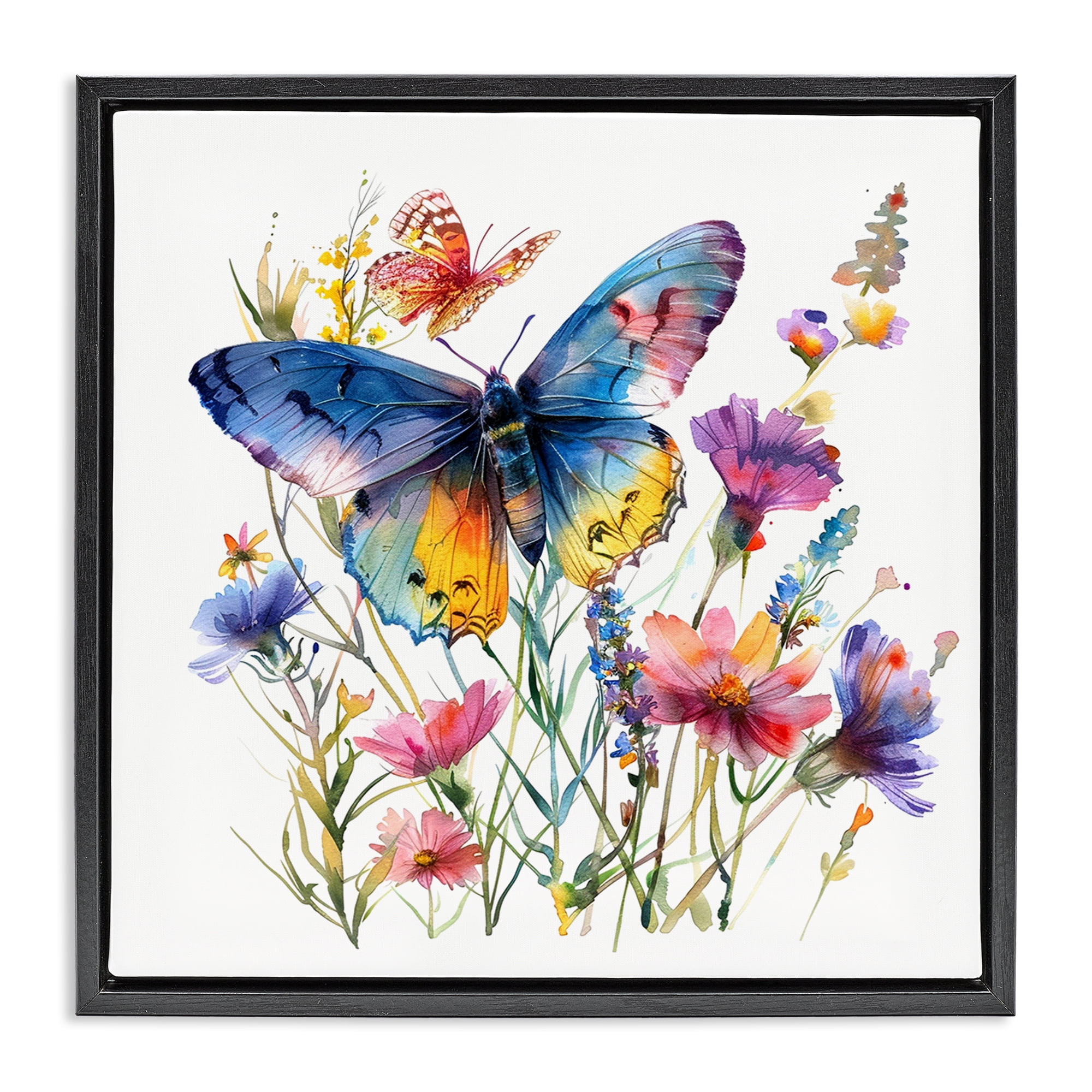 Stupell Industries Blue Toned Butterfly Garden Insects Painting Black Floater Framed Canvas Art Print Wall Art, 25 x 25