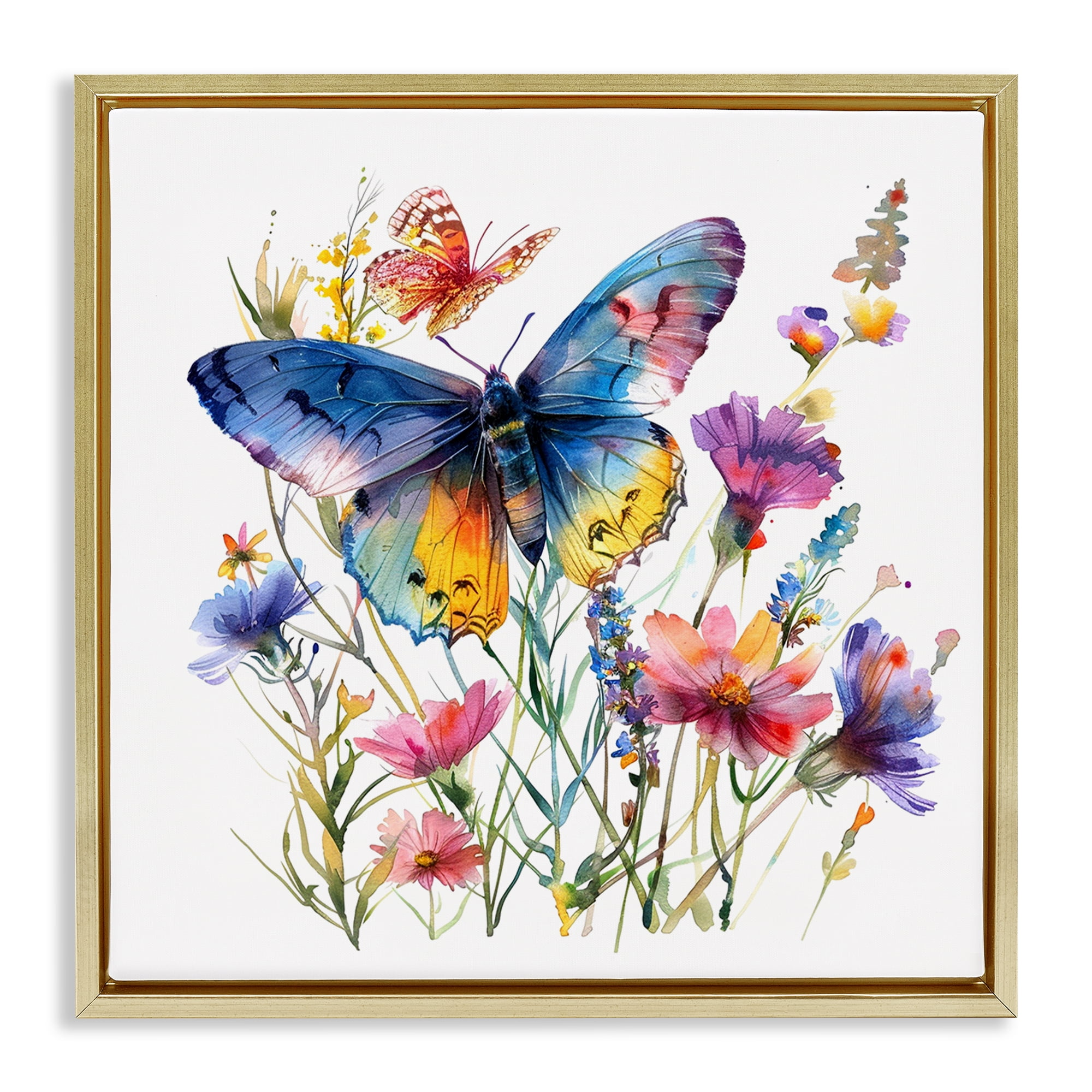 Stupell Industries Blue Toned Butterfly Garden Insects Painting Gold Floater Framed Canvas Art Print Wall Art, 25 x 25