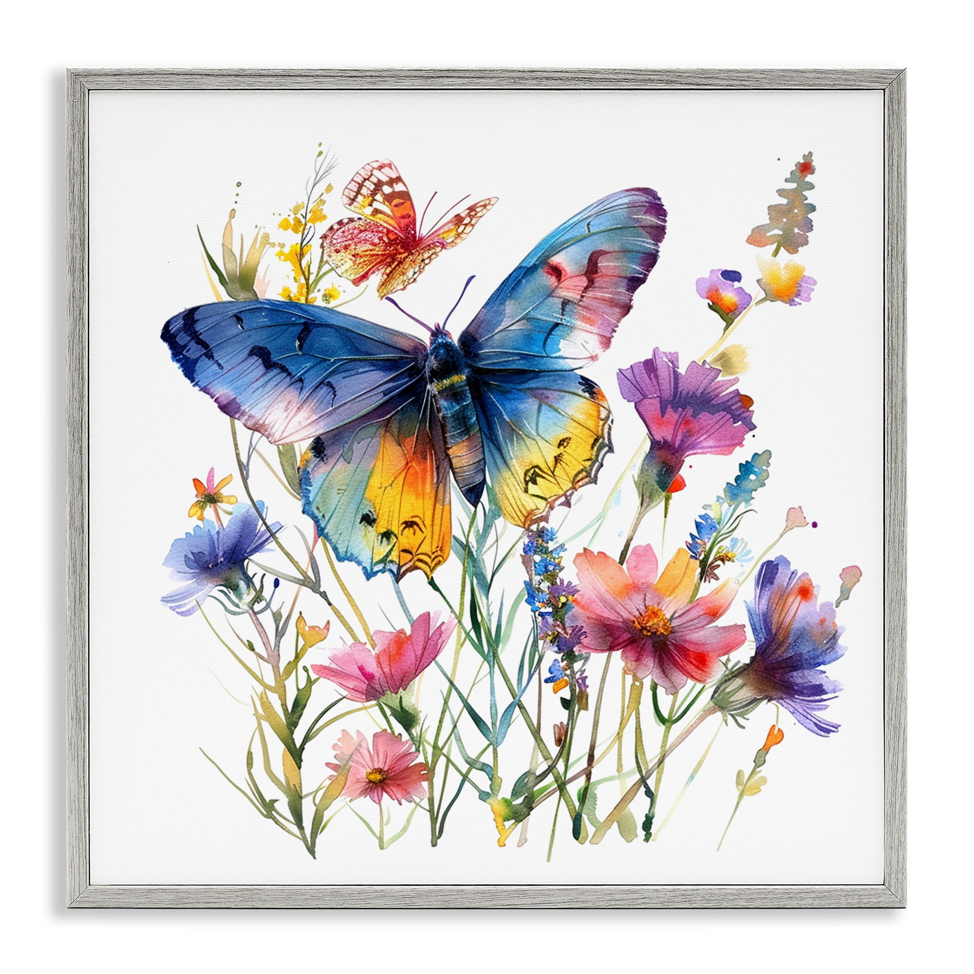 Stupell Industries Blue Toned Butterfly Garden Insects Painting Gray Framed Art Print Wall Art, 17 x 17