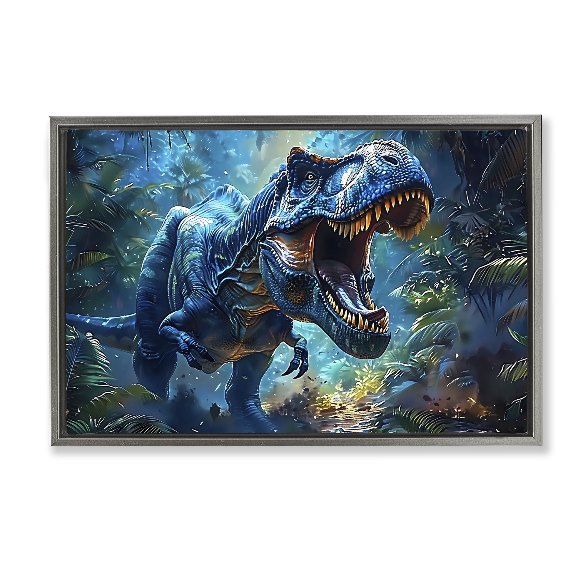 Stupell Industries Blue Toned Dinosaur Roar Gray Framed Floater Canvas Wall Art, design by Creative Studio