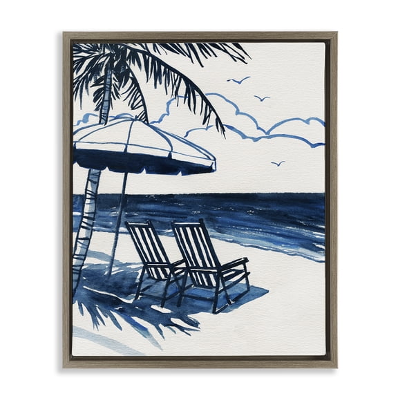 Stupell Industries Blue Toned Tropical Beach Scene Landscape & Nature Painting Brown Floater Framed Canvas Art Print Wall Art, 17 x 21