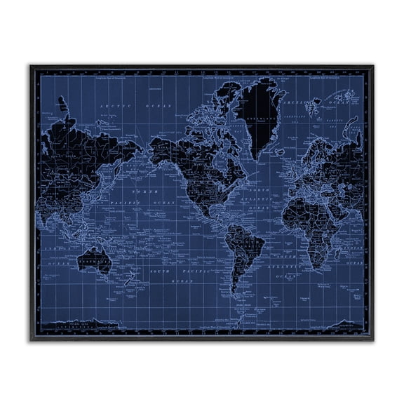 Stupell Industries Blue Toned World Map Map Painting Black Framed Art Print Wall Art, 30 x 24