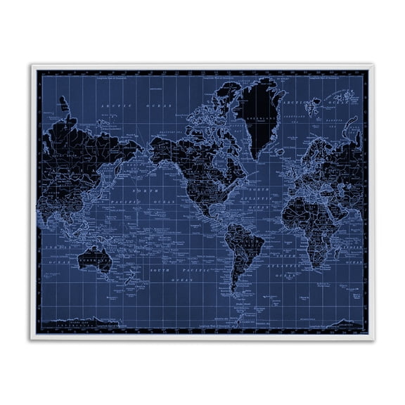 Stupell Industries Blue Toned World Map Map Painting White Framed Art Print Wall Art, 30 x 24