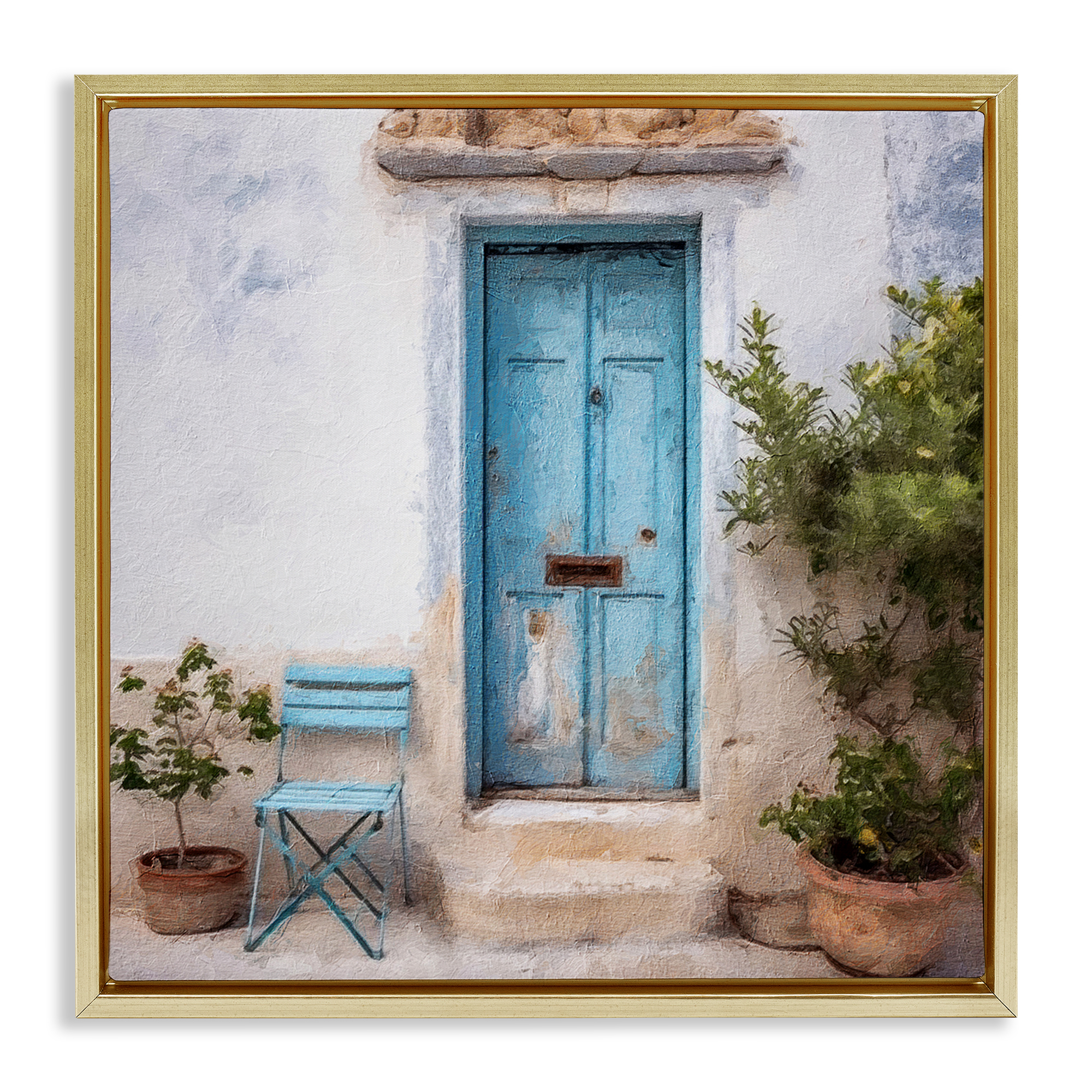 Stupell Industries Blue Town Doorway Town & City Painting Gold Floater Framed Canvas Art Print Wall Art, 25 x 25