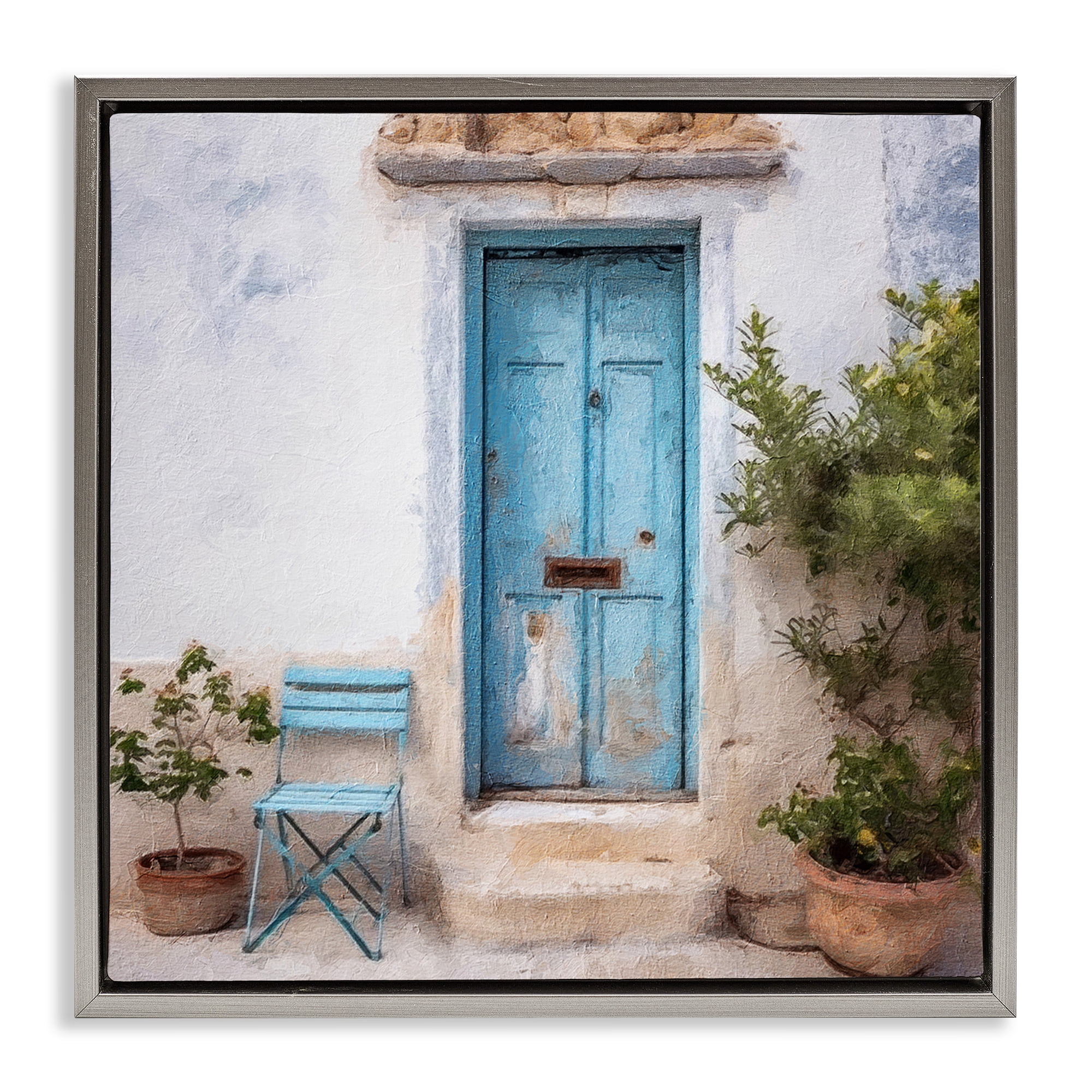 Stupell Industries Blue Town Doorway Town & City Painting Gray Floater Framed Canvas Art Print Wall Art, 25 x 25