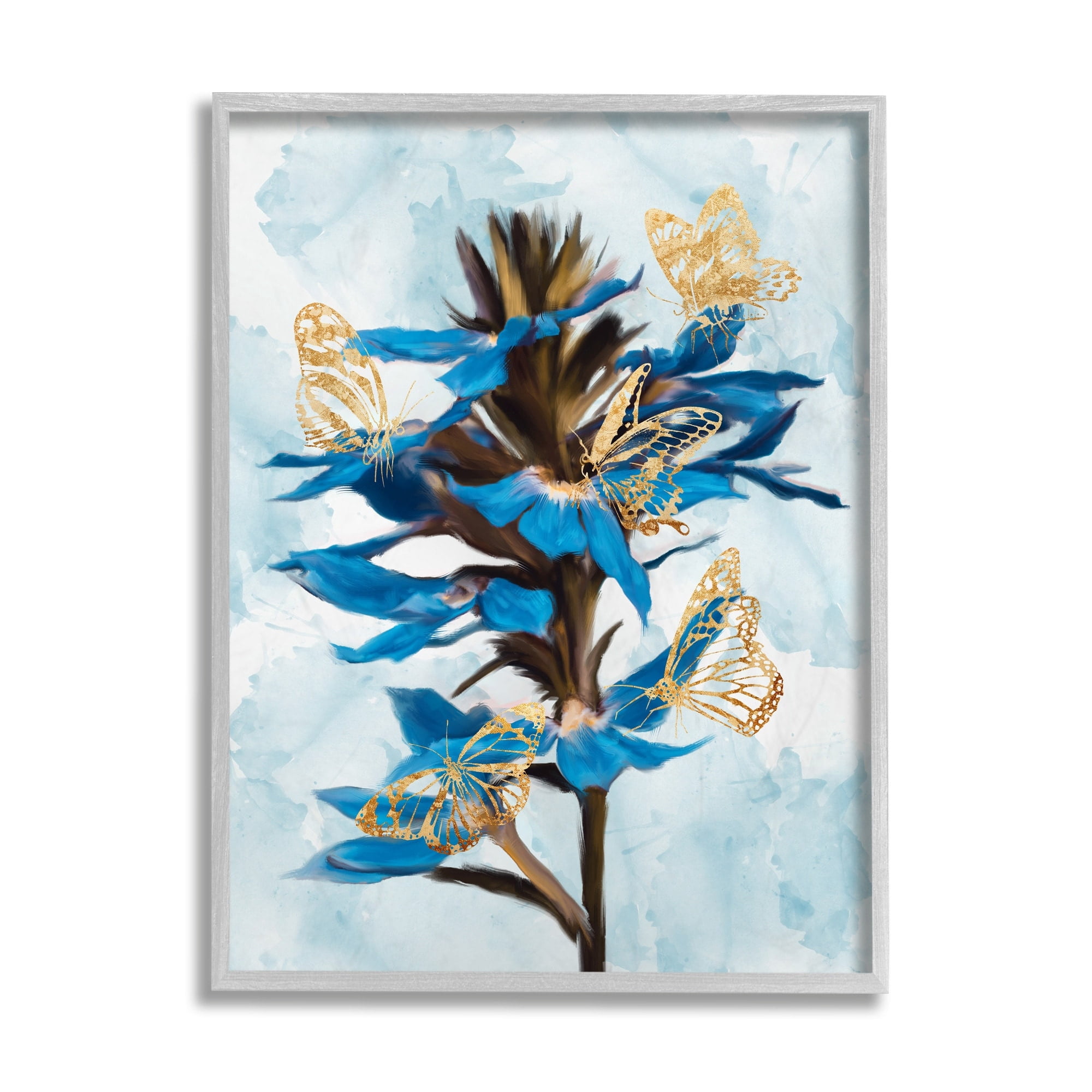 Stupell Industries Blue Tropical Floral Blooming Gold Butterfly Outlines Grey Framed, 16 x 20, Design by Ziwei Li